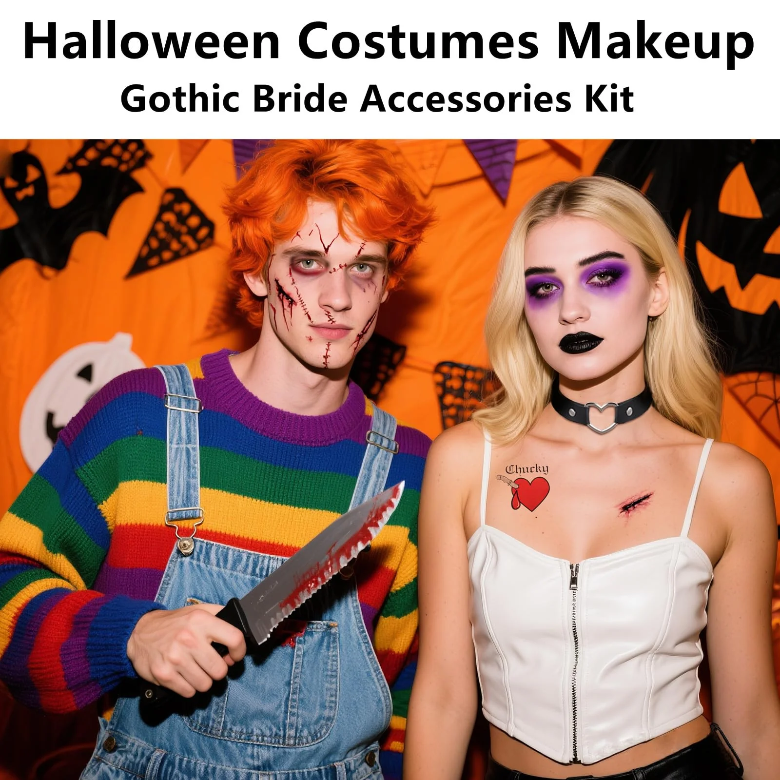Go Ho Horror Bride Body Paint Makeup Set with Black Lipstick, Adjustable PU Leather Choker, Fake Blood Spray, 3PC Bloody Love Stickers - Halloween Costumes Gothic Bride Punk Accessories Kit - Image 2