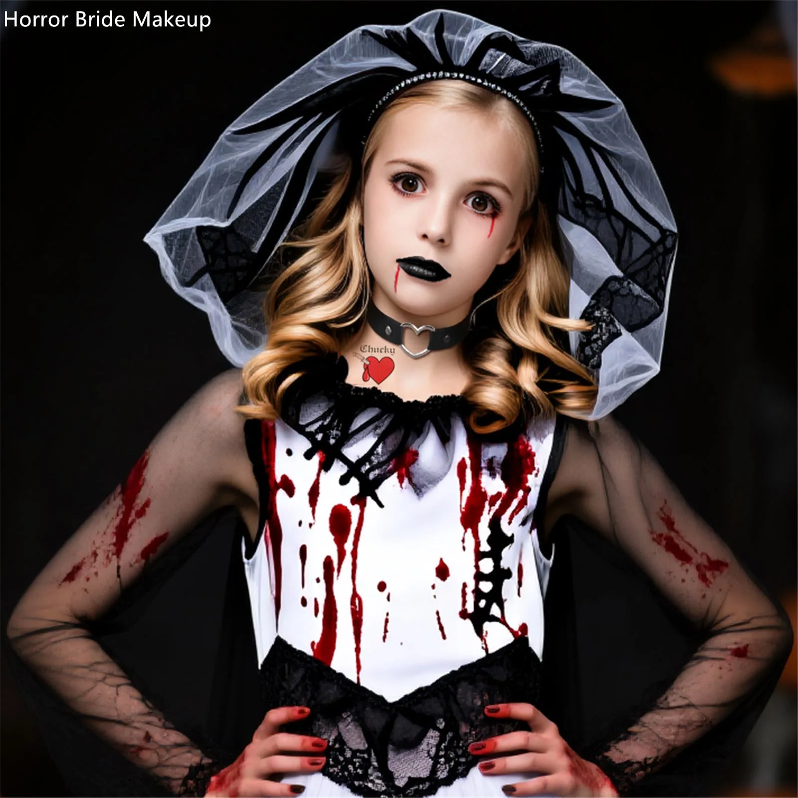 Go Ho Horror Bride Body Paint Makeup Set with Black Lipstick, Adjustable PU Leather Choker, Fake Blood Spray, 3PC Bloody Love Stickers - Halloween Costumes Gothic Bride Punk Accessories Kit - Image 5