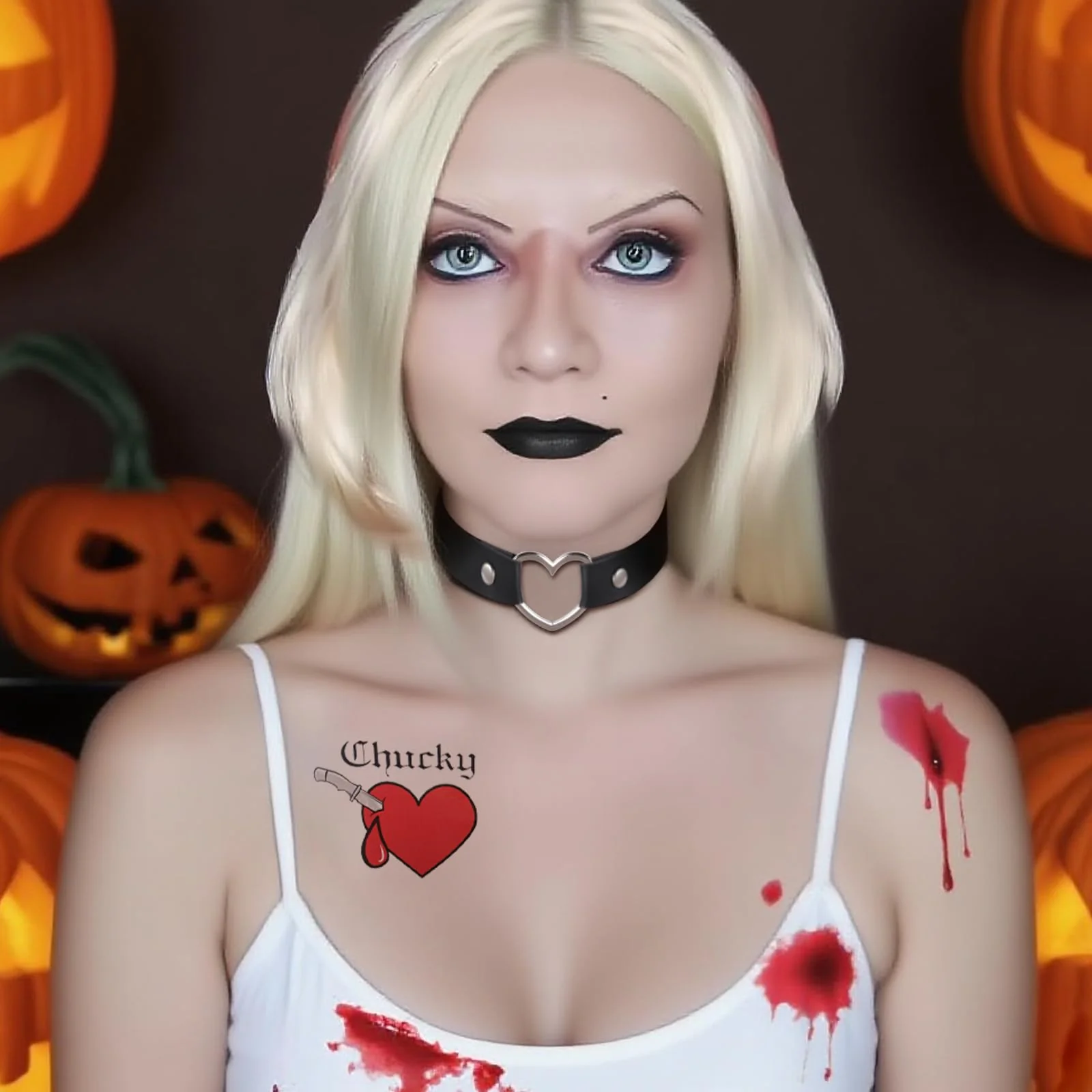 Go Ho Horror Bride Body Paint Makeup Set with Black Lipstick, Adjustable PU Leather Choker, Fake Blood Spray, 3PC Bloody Love Stickers - Halloween Costumes Gothic Bride Punk Accessories Kit - Image 6