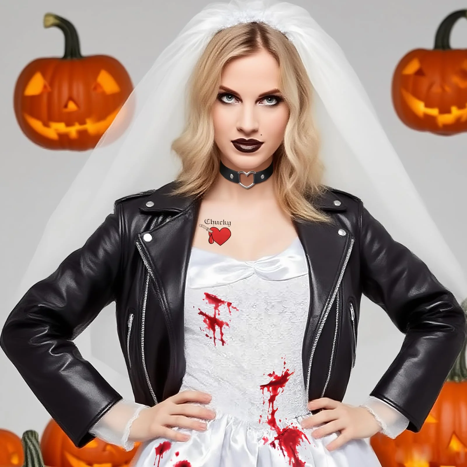 Go Ho Horror Bride Body Paint Makeup Set with Black Lipstick, Adjustable PU Leather Choker, Fake Blood Spray, 3PC Bloody Love Stickers - Halloween Costumes Gothic Bride Punk Accessories Kit - Image 7