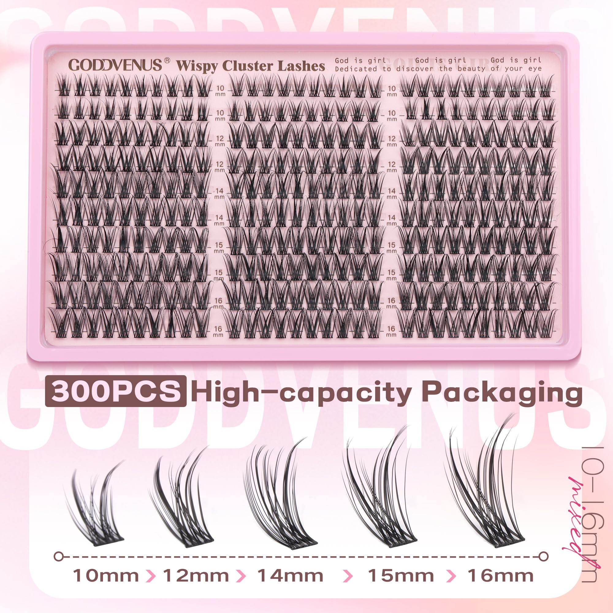 Goddvenus Eyelash Extensions Wispy Natural DIY C Curl Individual Lashes Clusters Black 10-16mm 300pcs - Image 4