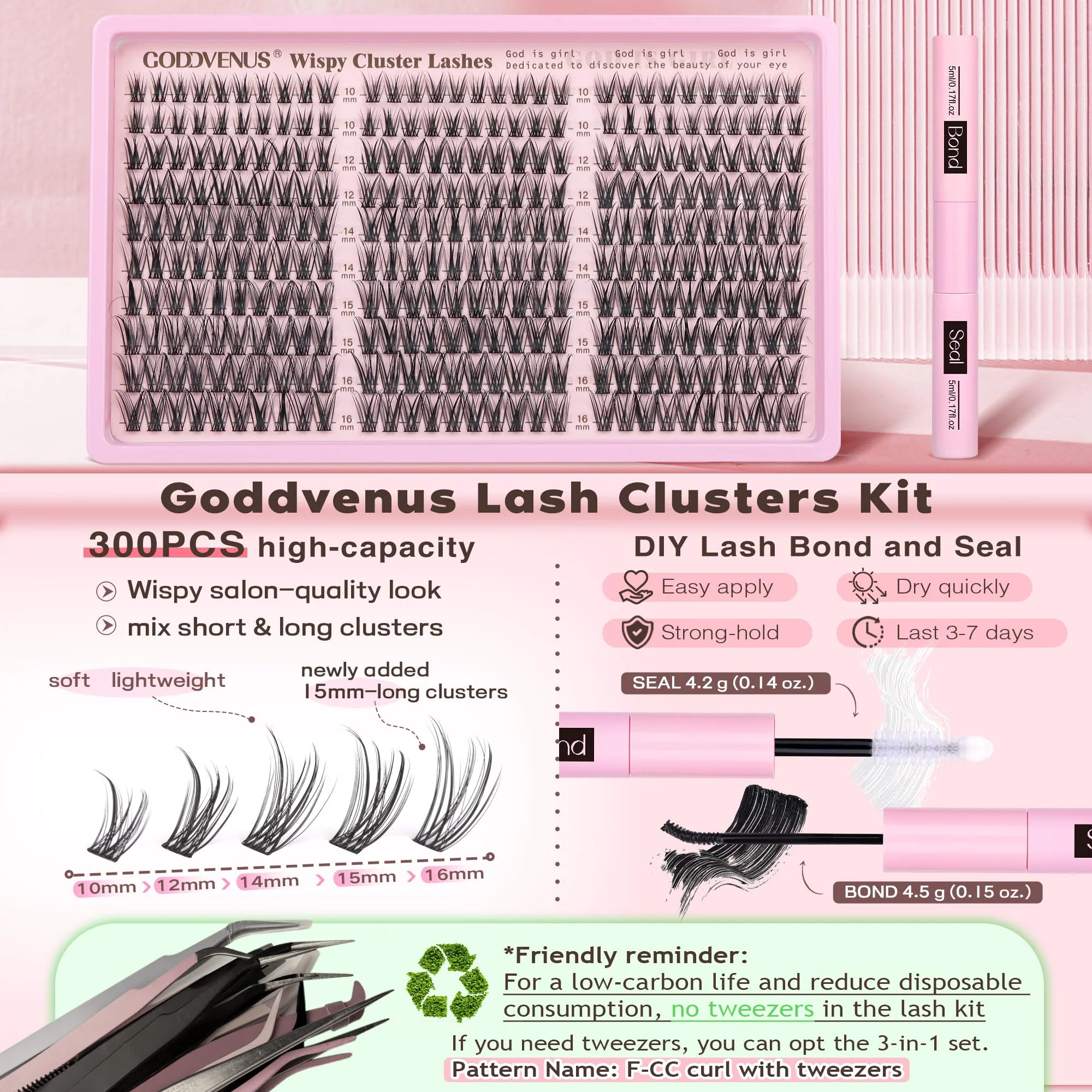 Goddvenus Lash Clusters Kit Wispy Eyelash Clusters Lashes Natural DIY Lash Extension Kit 10-16mm Cluster Eyelash Extensions Kit 300pcs C Curl Individual Lashes Cluster Eyelash (No Tweezers) - Image 4