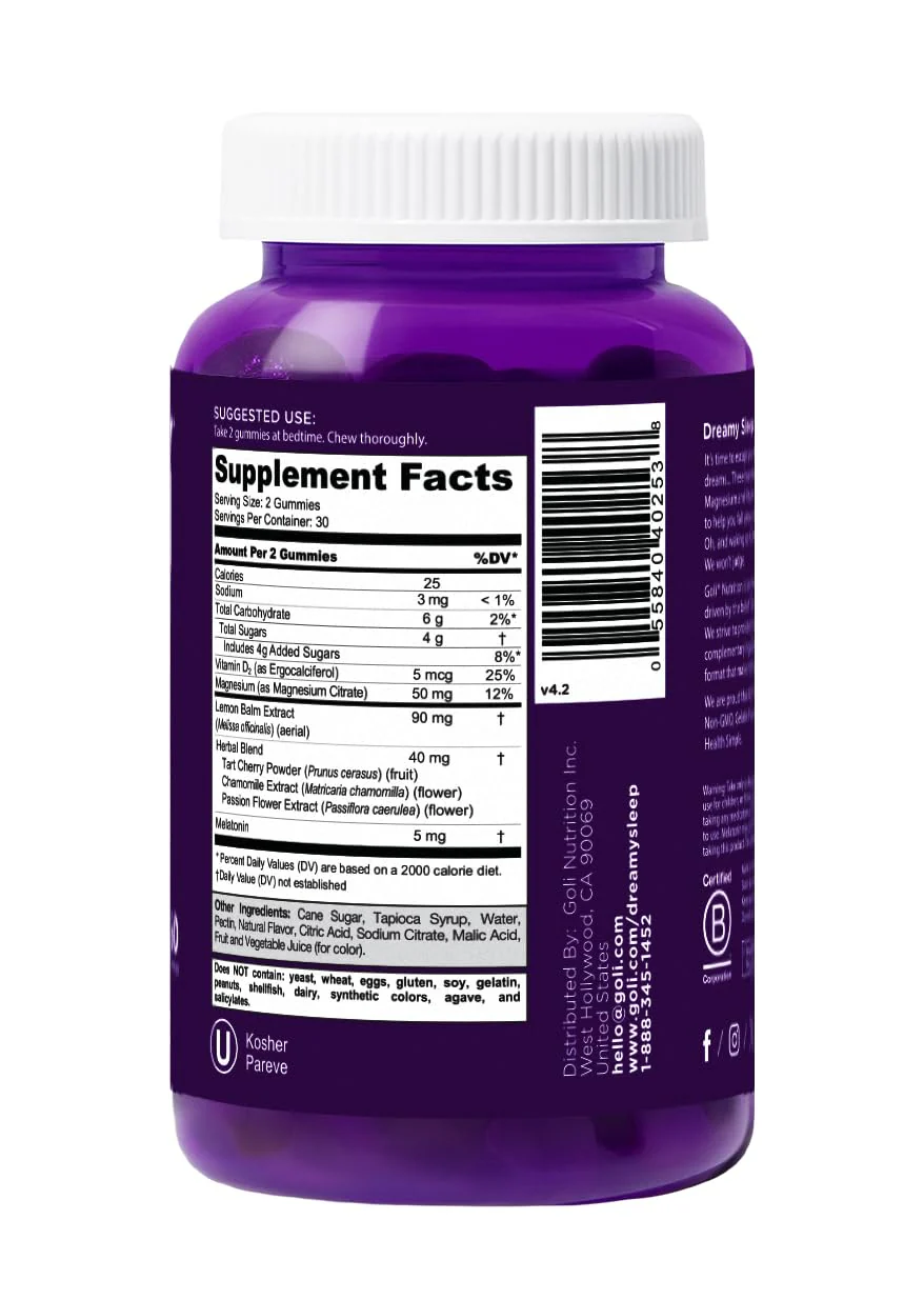 Goli Dreamy Sleep Gummy - 60 Count - Melatonin, Vitamin D, Magnesium, and Lemon Balm Extract - Gelatin-Free, Gluten-Free, Vegan & Non-GMO - Image 2
