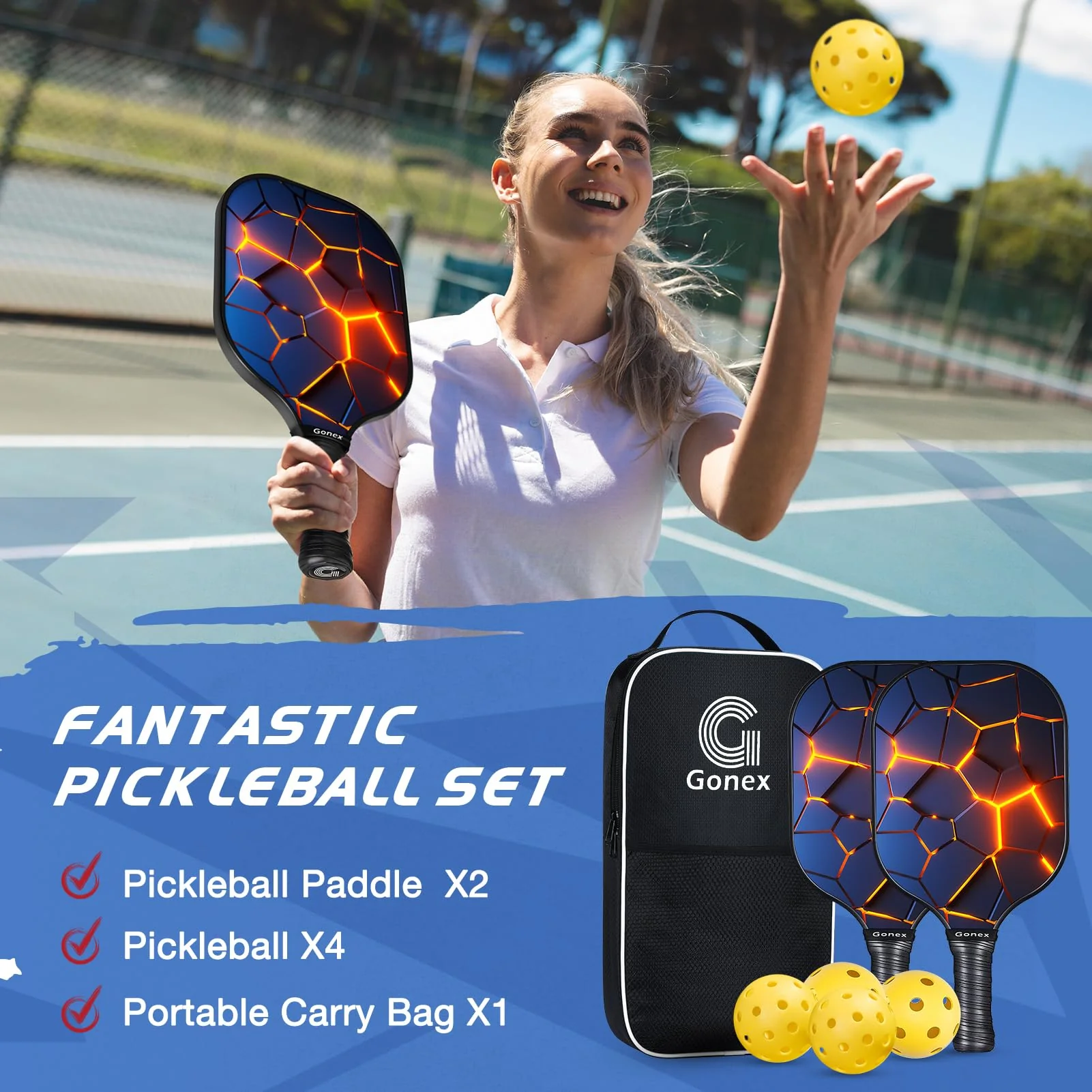Gonex Pickleball Paddles, USAPA Approved Graphite Pickleball Rackets with Comfort Grip, Carbon Fiber Pickleball Set of 2/4 Paddles with 4 Balls, Portable Carry Bag - Image 3