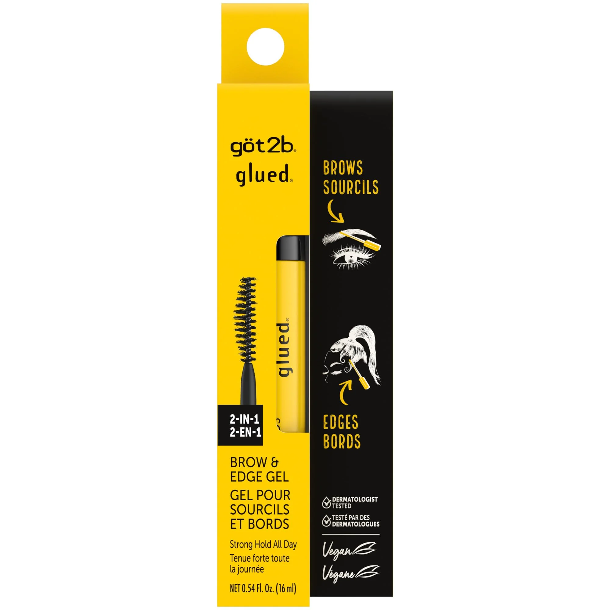 got2b Glued 2-in-1 Brow Gel & Edge Control, 0.54 Fl Oz, Strong Hold Styling Eyebrow Gel and Hair Mascara for Flyaways and Frizz with Castor Oil, Sweat-Resistant with Quick Dry, Clear Finish