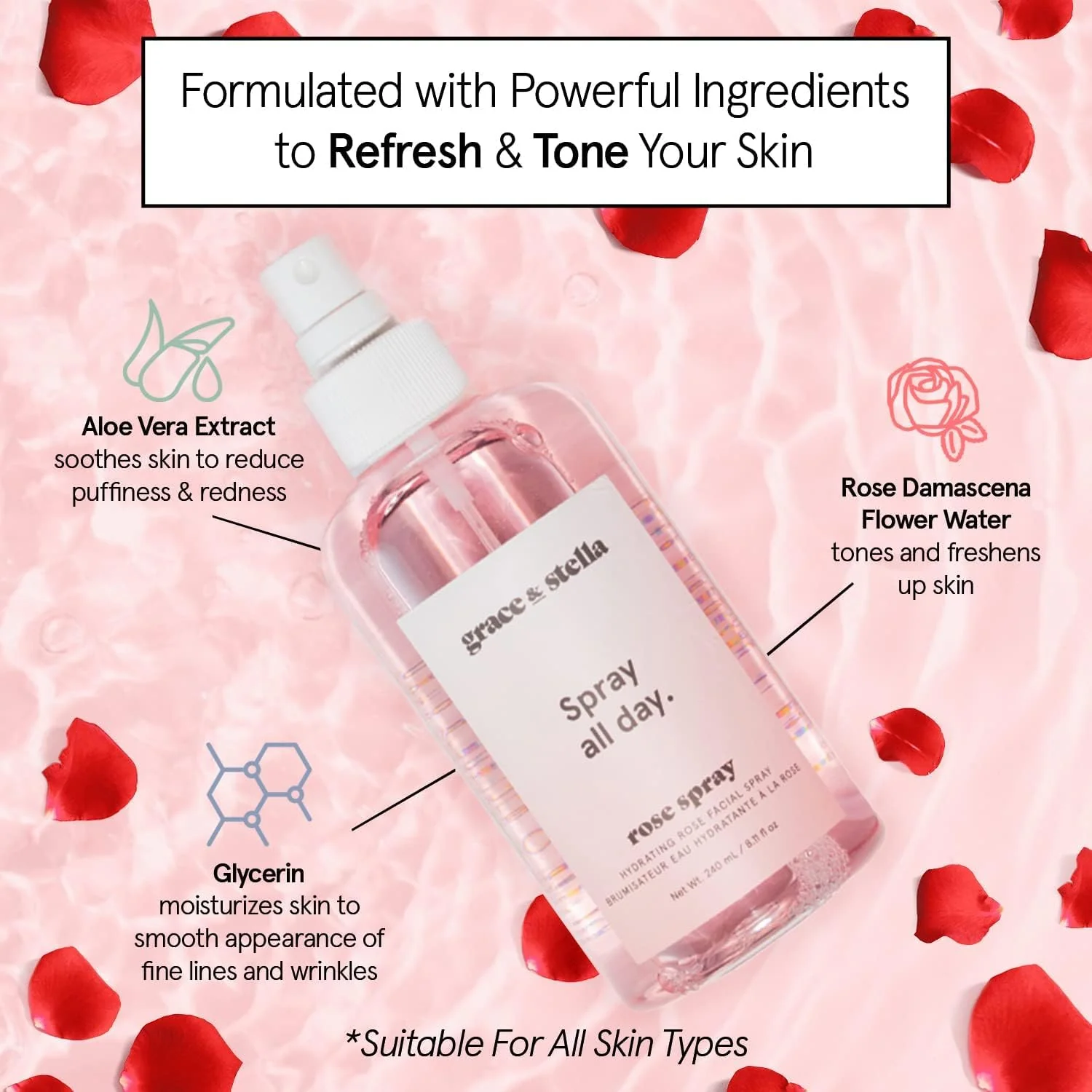 grace & stella Award Winning Rose Water Facial Spray (240ml) - Vegan - Rose Water Spray for Face - Rosewater Spray Toner Rose Hydrosol - Rose Spray Facial Mist - Rosewater Spray Toner Rose Hydrosol - Image 6