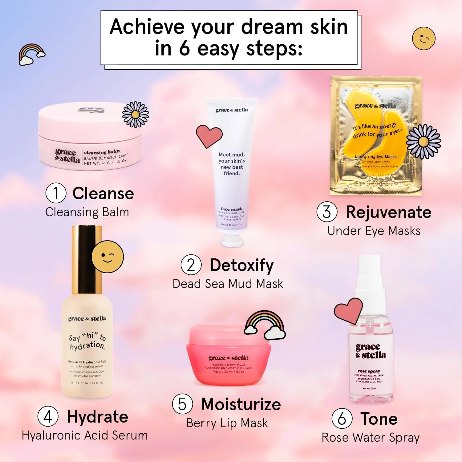 grace & stella Award Winning Skin Care Set - Birthday Gifts for Her, Travel Size Toiletries with Eye Masks, Hyaluronic Acid Serum, Lip Balm & More, Gift Baskets for Women, Vegan Cruelty-Free Self Care - Image 2