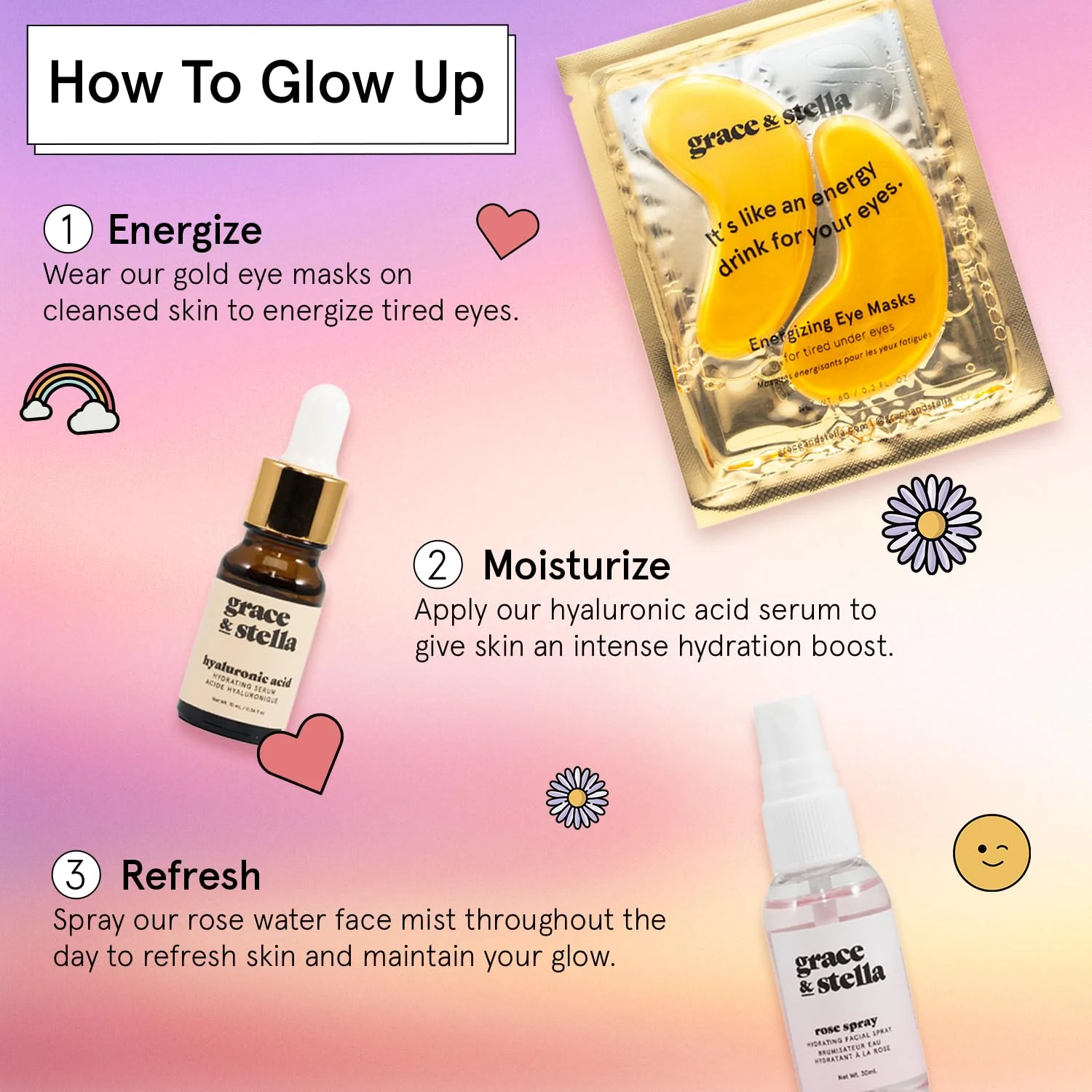 grace & stella Award-Winning Skin Care Set - Gifts for Women - Travel Essentials with Gold Eye Masks, Hyaluronic Acid Serum & Rose Spray, Beauty Gift Set - Birthday & Bachelorette Favors - Image 2
