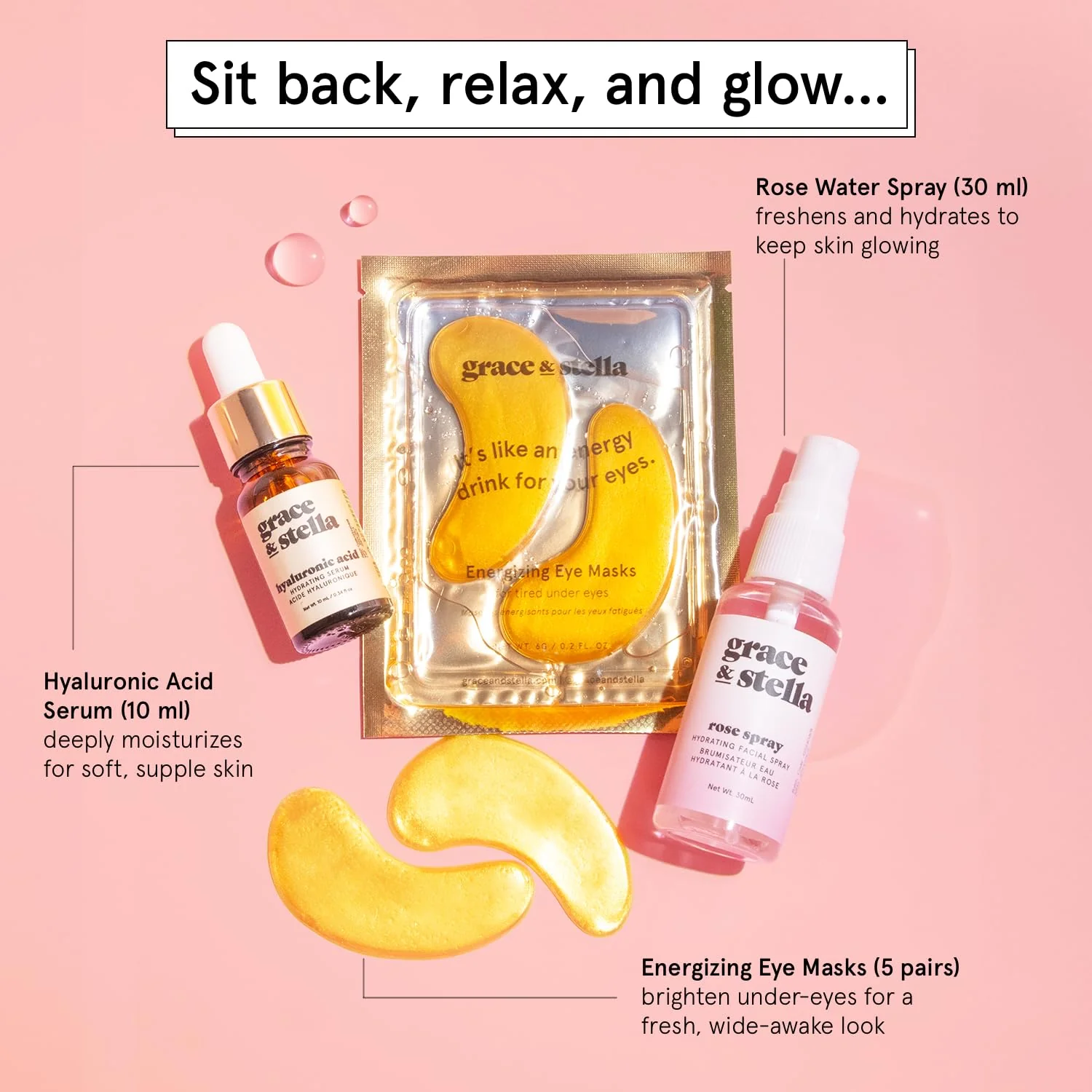 grace & stella Award-Winning Skin Care Set - Gifts for Women - Travel Essentials with Gold Eye Masks, Hyaluronic Acid Serum & Rose Spray, Beauty Gift Set - Birthday & Bachelorette Favors - Image 7