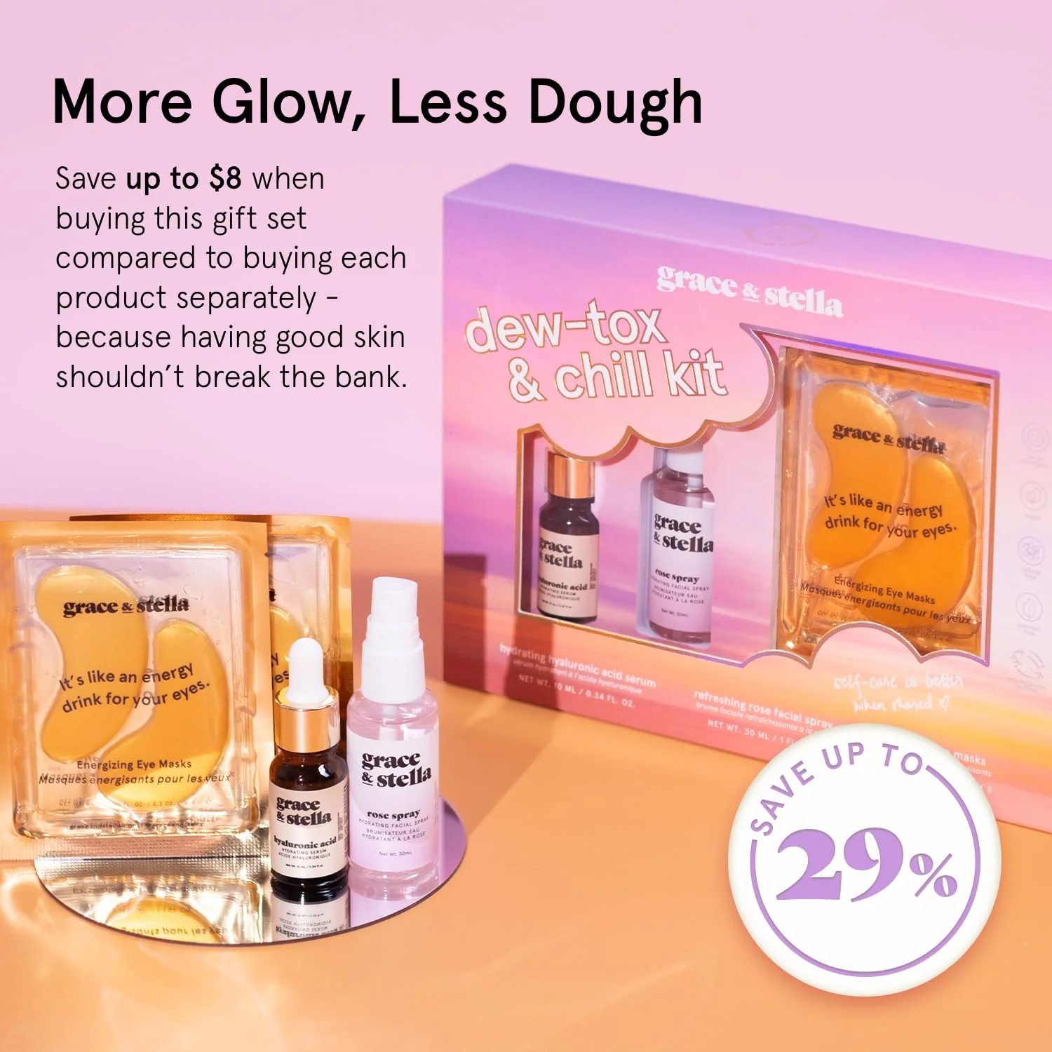 grace & stella Award-Winning Skin Care Set - Gifts for Women - Travel Essentials with Gold Eye Masks, Hyaluronic Acid Serum & Rose Spray, Beauty Gift Set - Birthday & Bachelorette Favors - Image 8