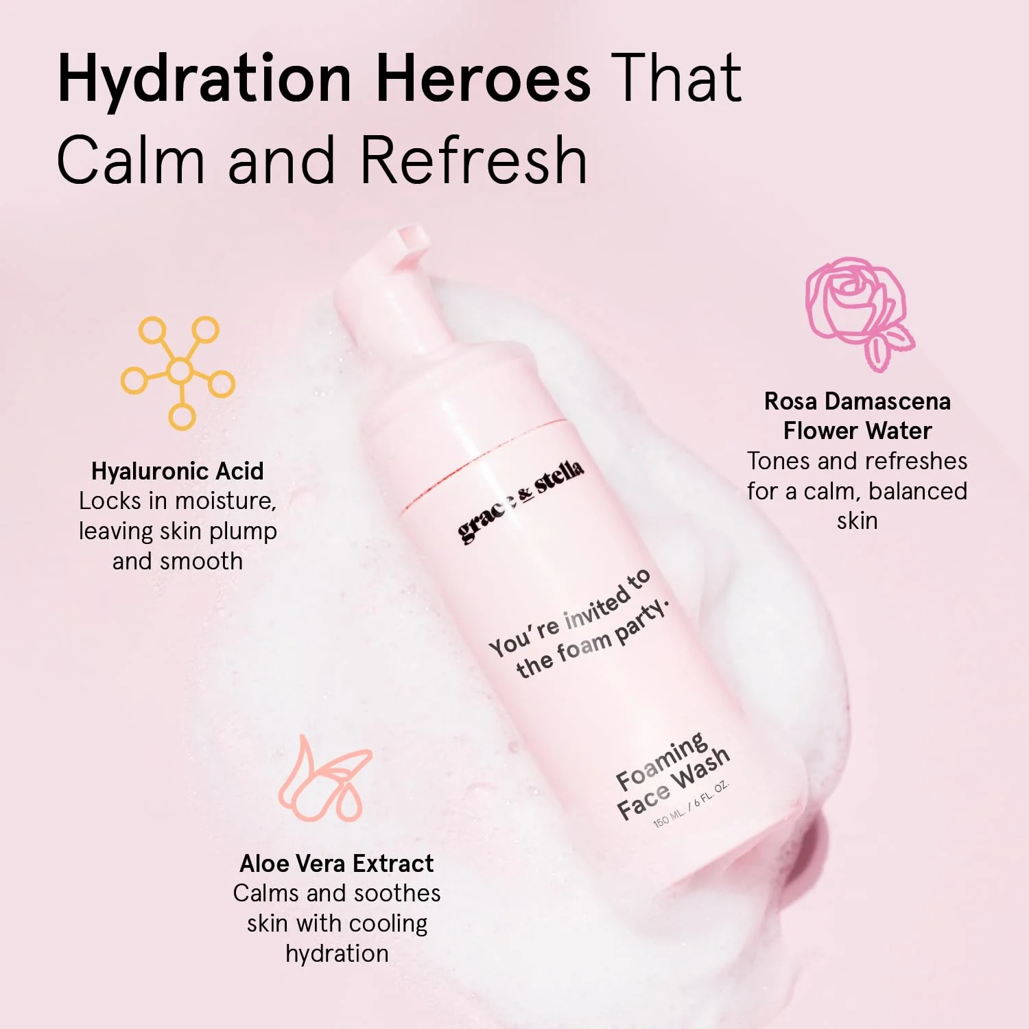 grace & stella Award Winning Travel Face Wash (60ml) Hydrating & Gentle Foaming Facial Cleanser with Hyaluronic Acid, Rose Water, Aloe Vera - Moisturizing Cleansing Foam for Normal to Very Dry Skin - Image 7