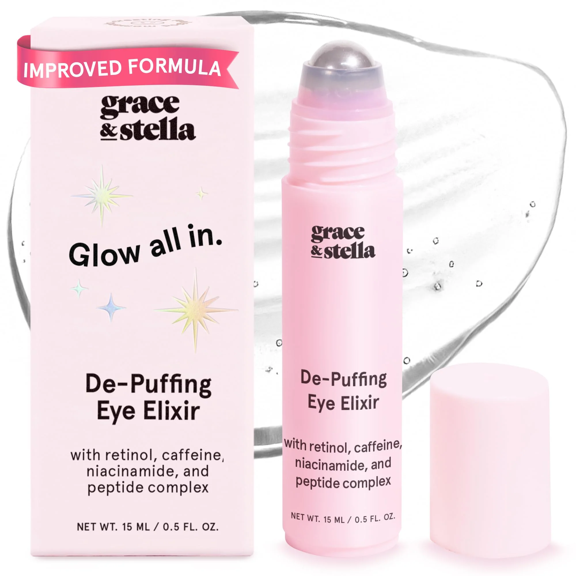 grace & stella Under Eye Brightener Roller - Airplane Travel Essentials - Travel Size Toiletries - Retinol & Caffeine Eye Serum for Puffiness, Dark Circles, Wrinkles - Vegan Skincare (15ml / 0.51floz)