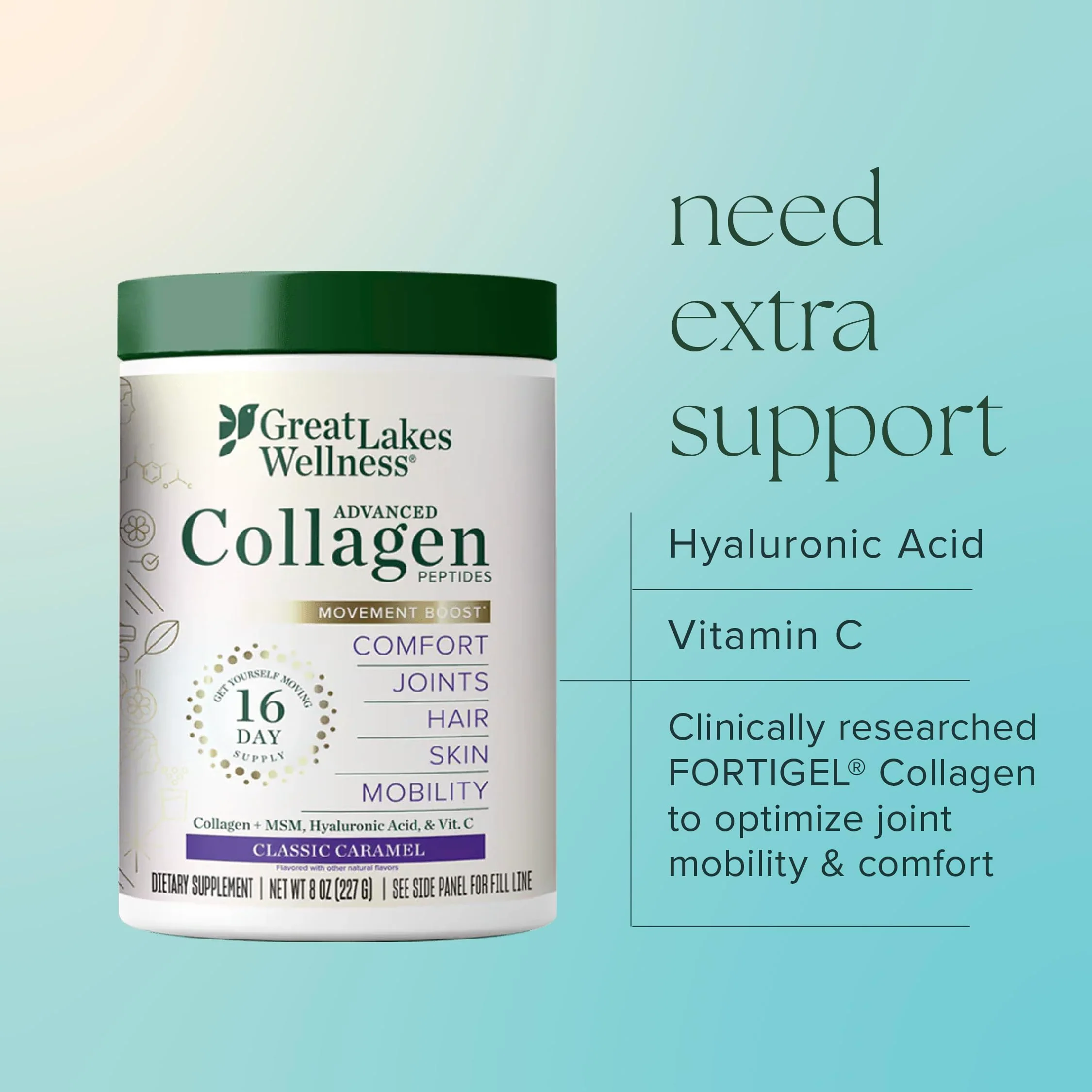 Great Lakes Wellness Movement Boost Advanced Collagen Peptides Powder with MSM, Hyaluronic Acid, Vitamin C - Joint Mobility & Comfort - Caramel Flavored - Non-GMO, Keto, Kosher - 8 oz - Image 8