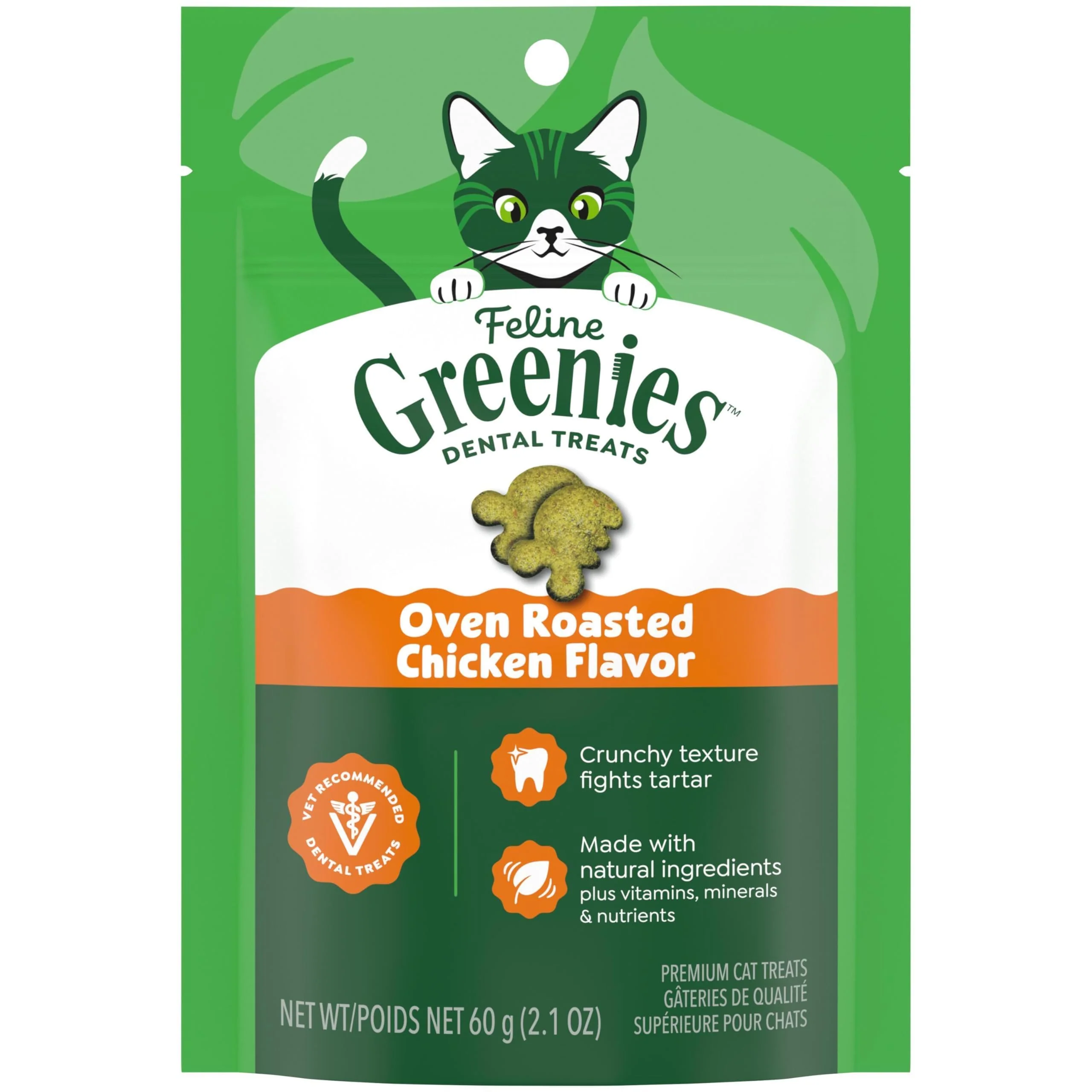 Greenies Cat Treats, Feline Veterinarian-Recommended Adult Natural Dental Cat Treats, Oven Roasted Chicken Flavor, 2.1 oz. Pouch