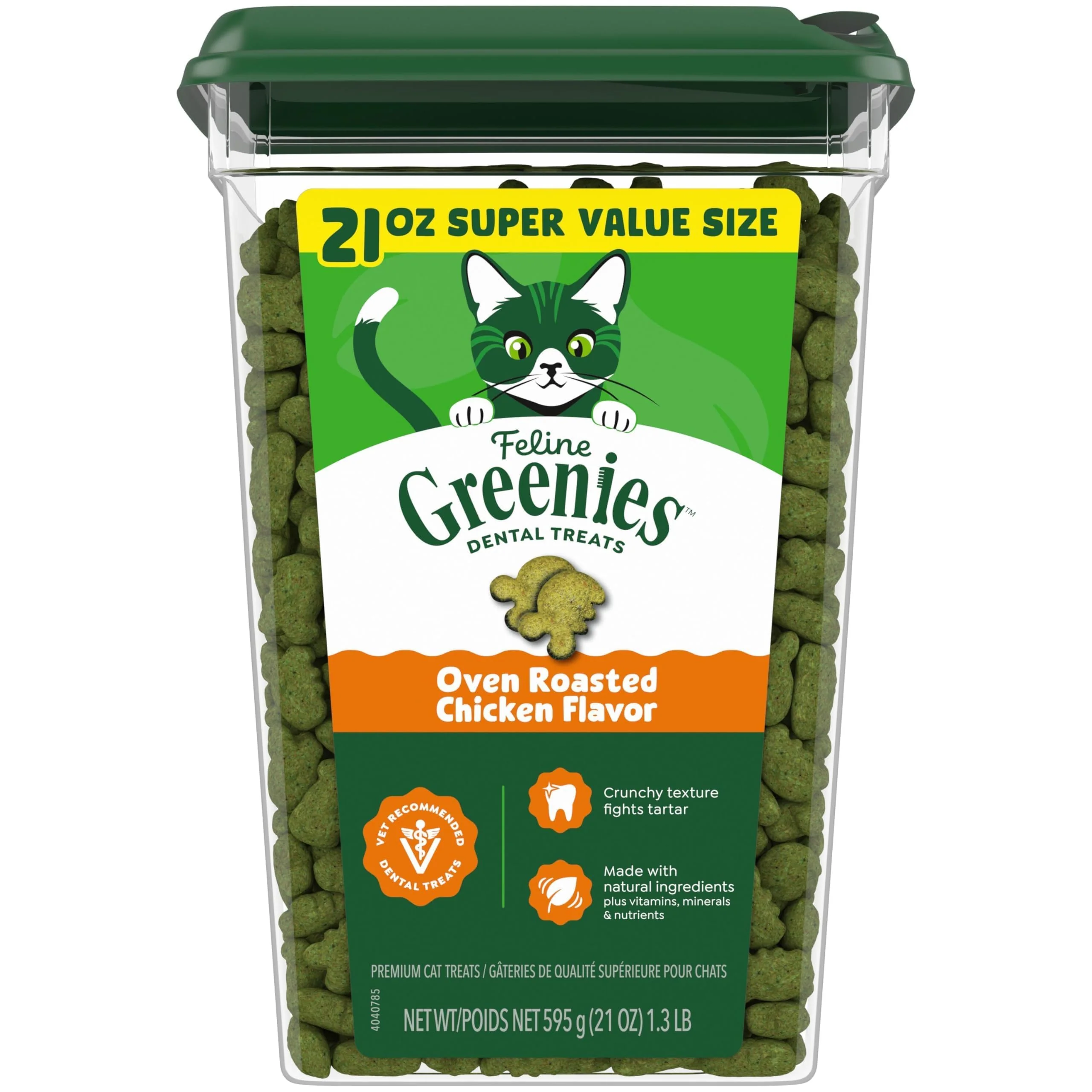 Greenies Cat Treats, Feline Veterinarian-Recommended Adult Natural Dental Cat Treats, Oven Roasted Chicken Flavor, 21 oz. Tub