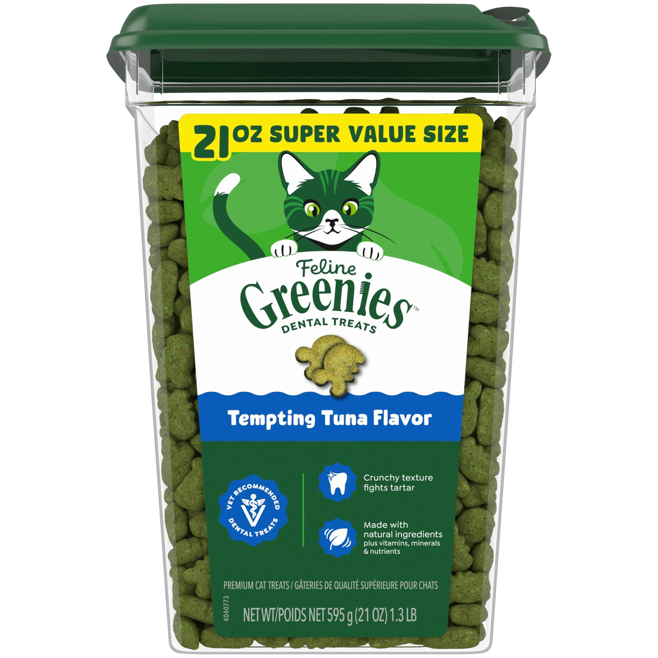 Greenies Cat Treats, Veterinarian-Recommended Adult Natural Dental Cat Treats, Tempting Tuna Flavor, 21 oz. Tub