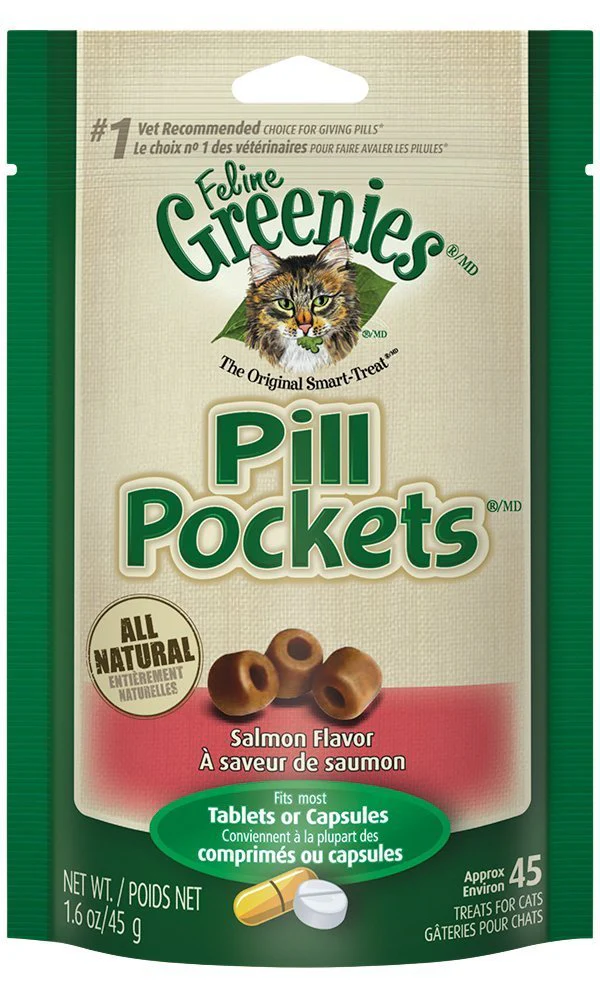 Greenies Feline Pill Pockets for Cats Natural Soft Cat Treats, Salmon Flavor, 1.6 oz. Pouch (45 Treats)