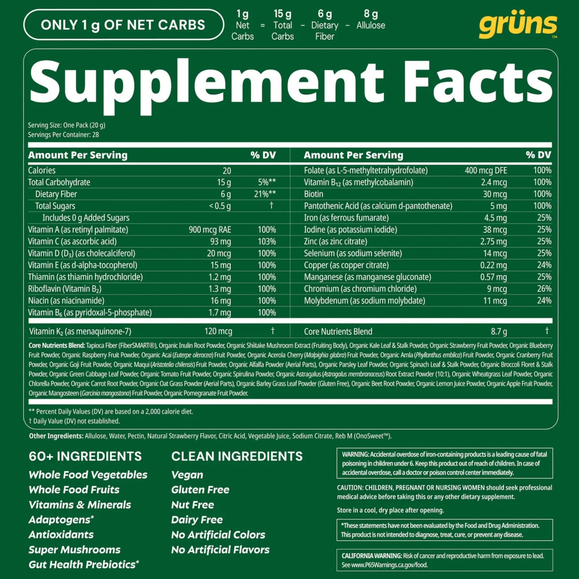 Gruns Adult Sugar-Free Super Greens Multivitamin Gummies, Superfood Gummy Vitamins for Women and Men with Spirulina, Chlorella, Adaptogens & Prebiotic Fiber for Digestive Health (28 Count) - Image 2