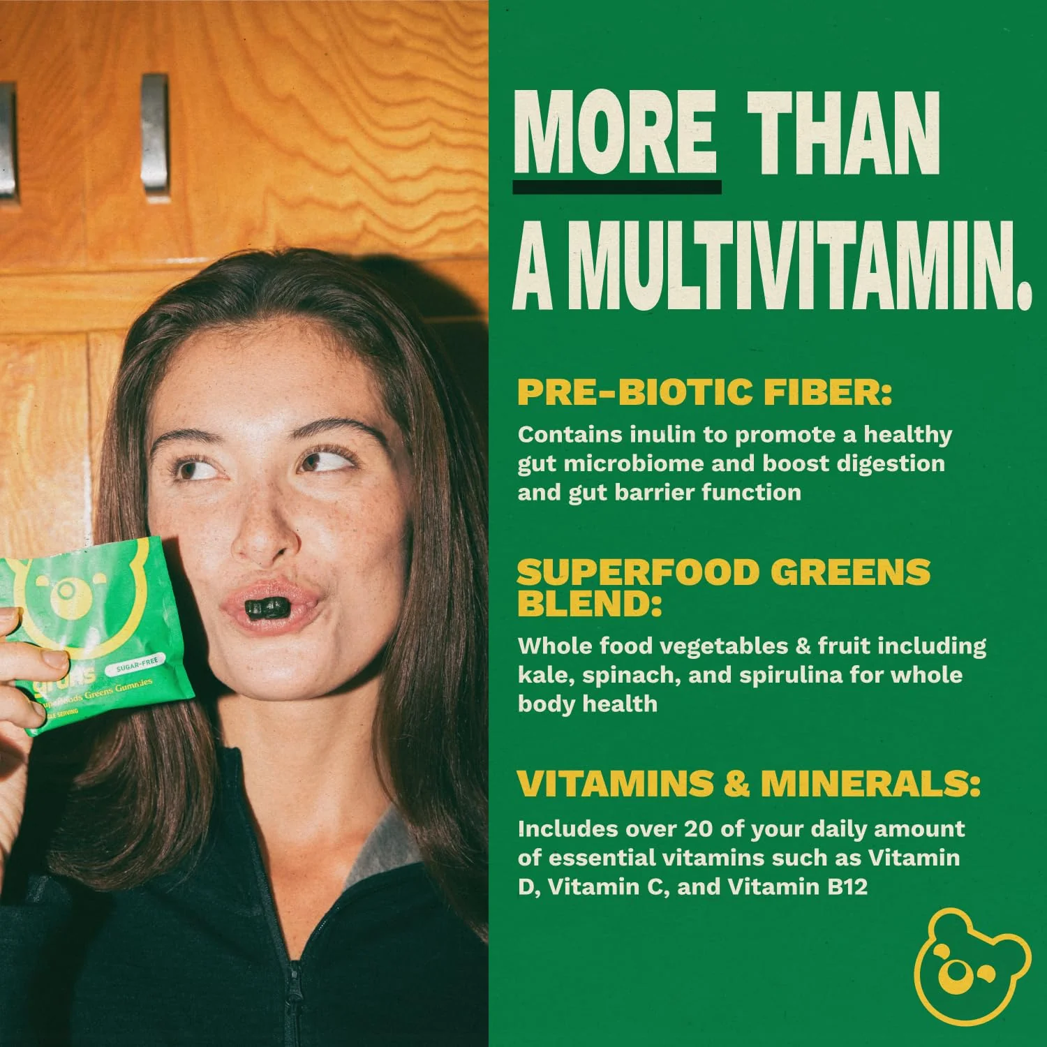 Gruns Adult Sugar-Free Super Greens Multivitamin Gummies, Superfood Gummy Vitamins for Women and Men with Spirulina, Chlorella, Adaptogens & Prebiotic Fiber for Digestive Health (28 Count) - Image 6