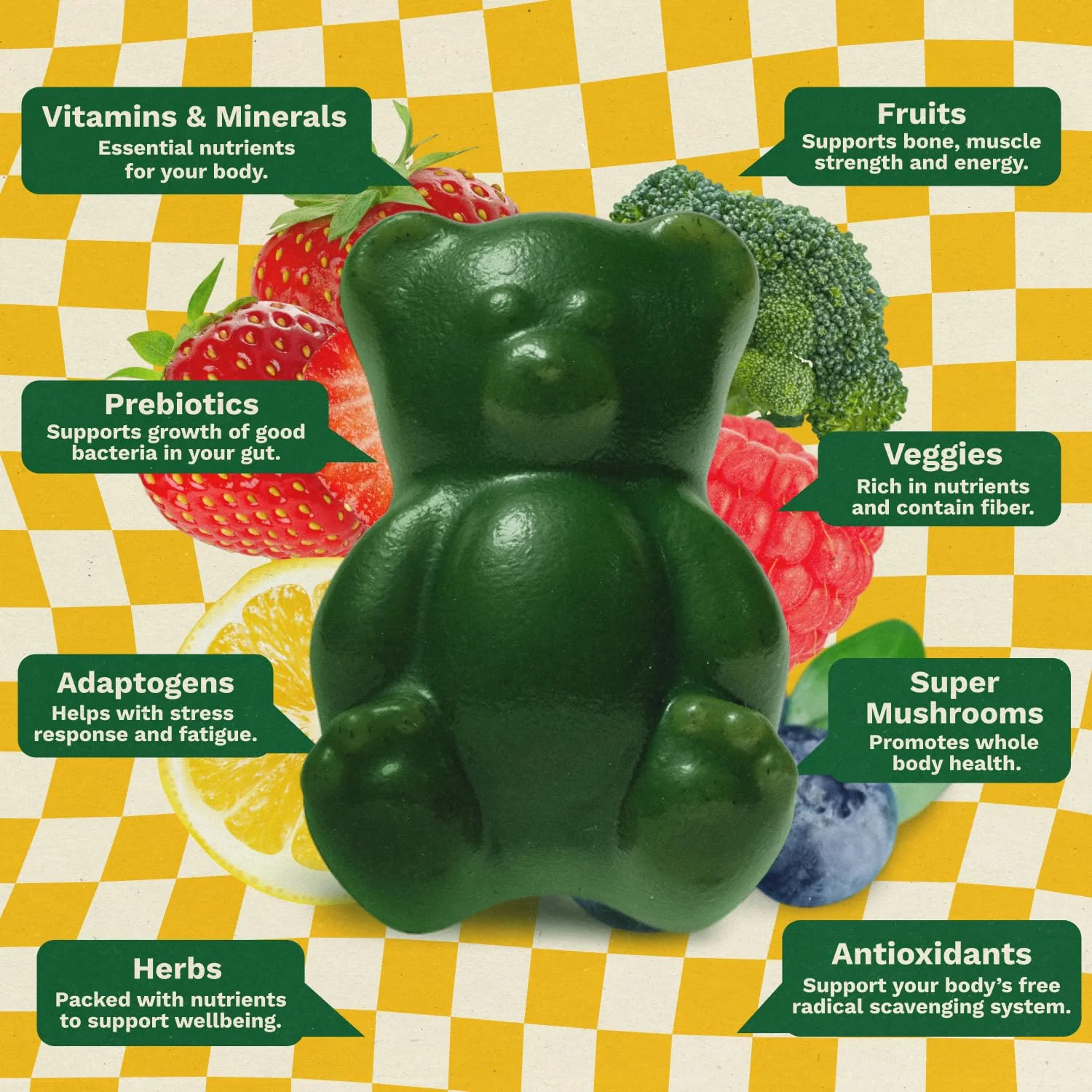 Gruns Multivitamin for Kids, Super Greens Gummies, Superfood Gummy Bears with 20+ Vitamins & Minerals, Spirulina, Chlorella, Alfalfa, Prebiotics Fiber for Digestive Health, Adaptogens Supplement, 28ct - Image 5