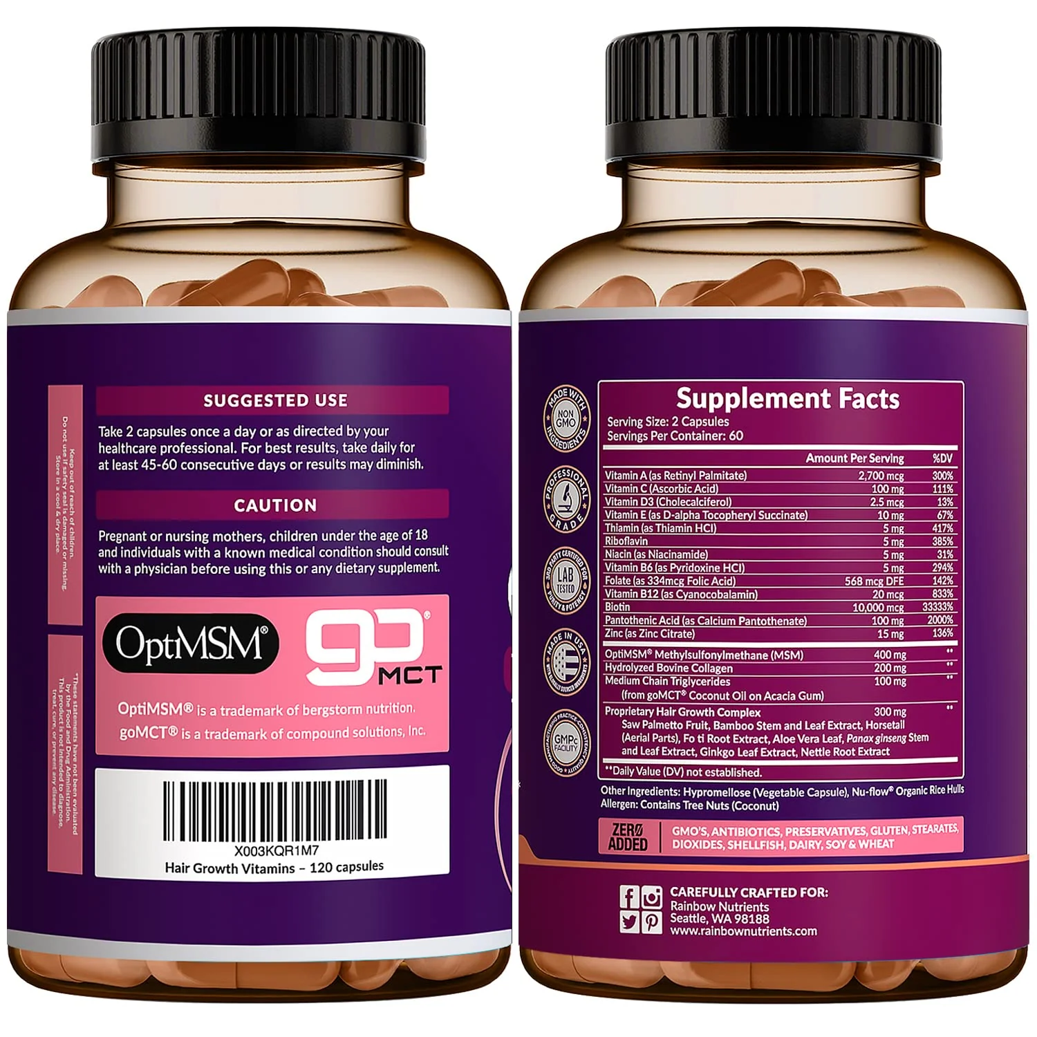 Hair Growth Vitamins for Women | Biotin 10,000mcg, Collagen, Patented OptiMSM®, goMCT®, Saw Palmetto | Naturally Regrow Stronger & Healthier Hair, Skin and Nails | Stops Hair Loss | 60 Day Supply - Image 2
