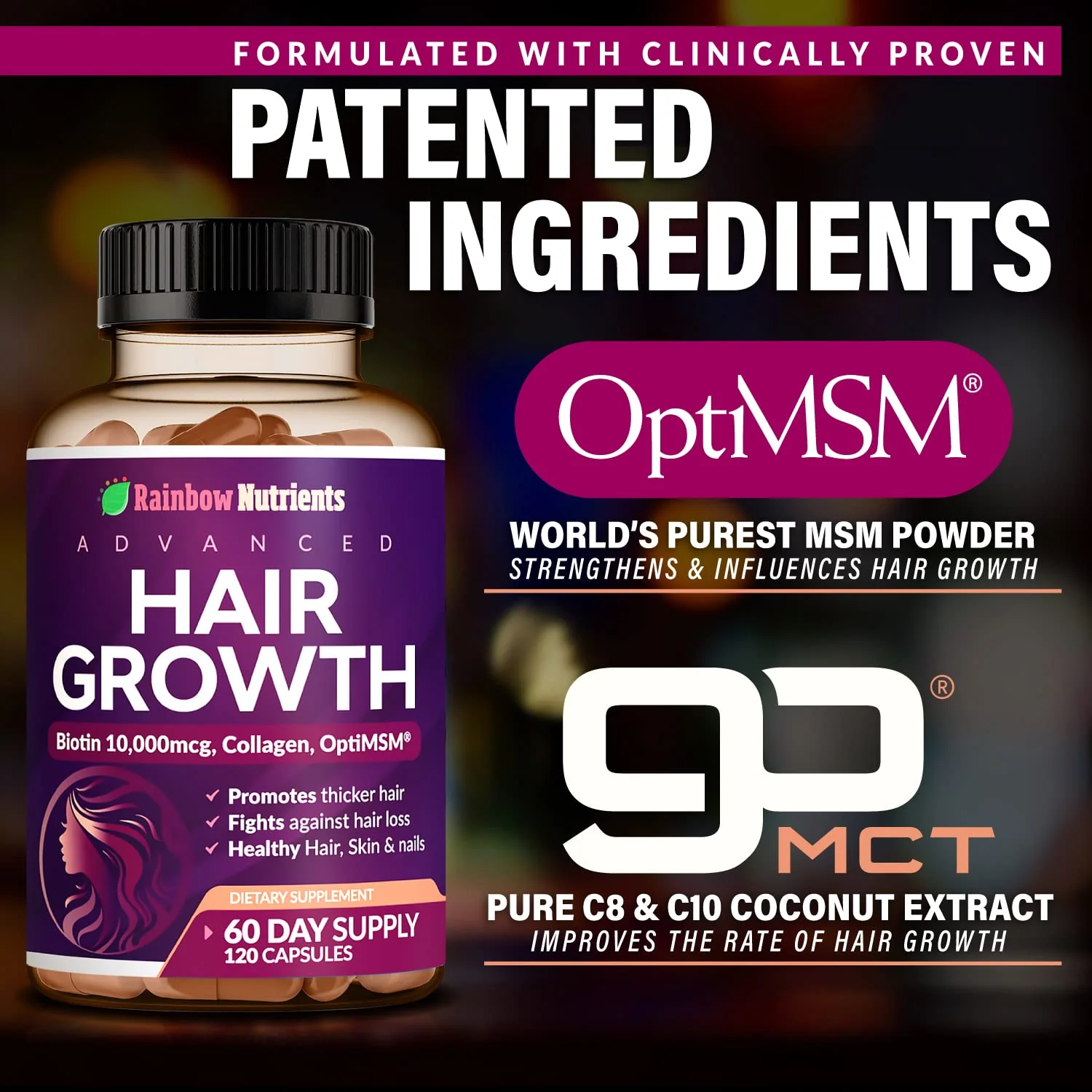 Hair Growth Vitamins for Women | Biotin 10,000mcg, Collagen, Patented OptiMSM®, goMCT®, Saw Palmetto | Naturally Regrow Stronger & Healthier Hair, Skin and Nails | Stops Hair Loss | 60 Day Supply - Image 3