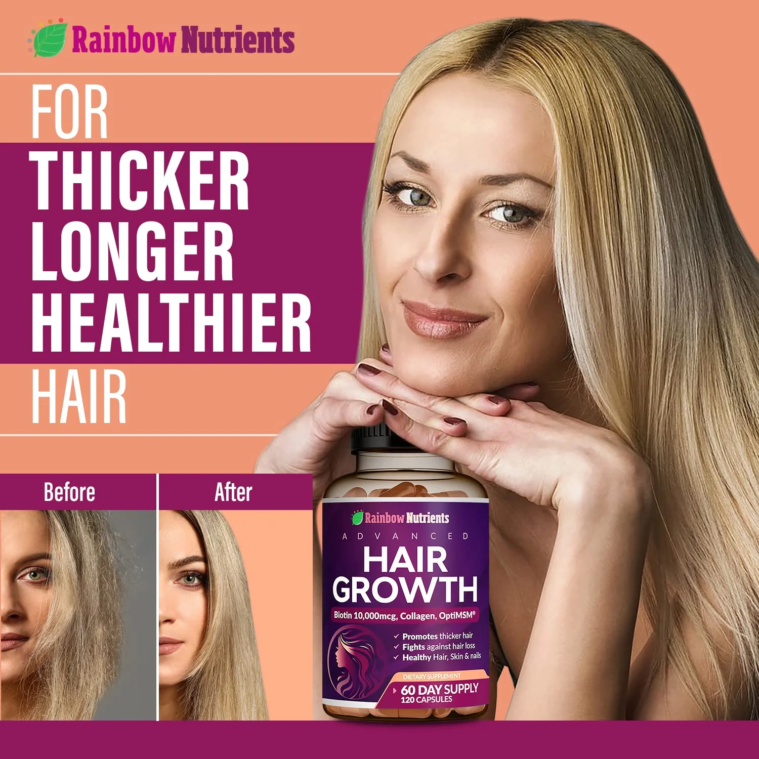 Hair Growth Vitamins for Women | Biotin 10,000mcg, Collagen, Patented OptiMSM®, goMCT®, Saw Palmetto | Naturally Regrow Stronger & Healthier Hair, Skin and Nails | Stops Hair Loss | 60 Day Supply - Image 7
