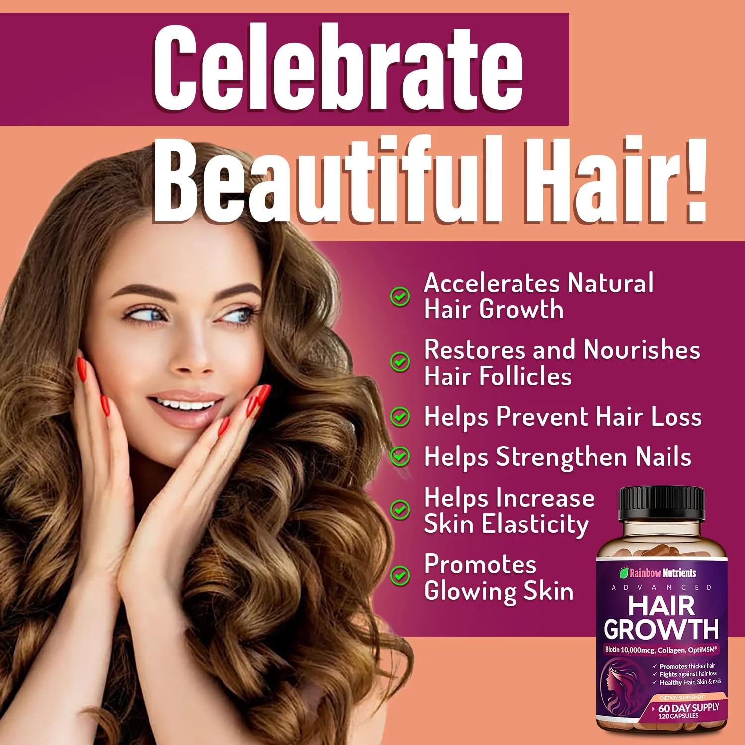 Hair Growth Vitamins for Women | Biotin 10,000mcg, Collagen, Patented OptiMSM®, goMCT®, Saw Palmetto | Naturally Regrow Stronger & Healthier Hair, Skin and Nails | Stops Hair Loss | 60 Day Supply - Image 8