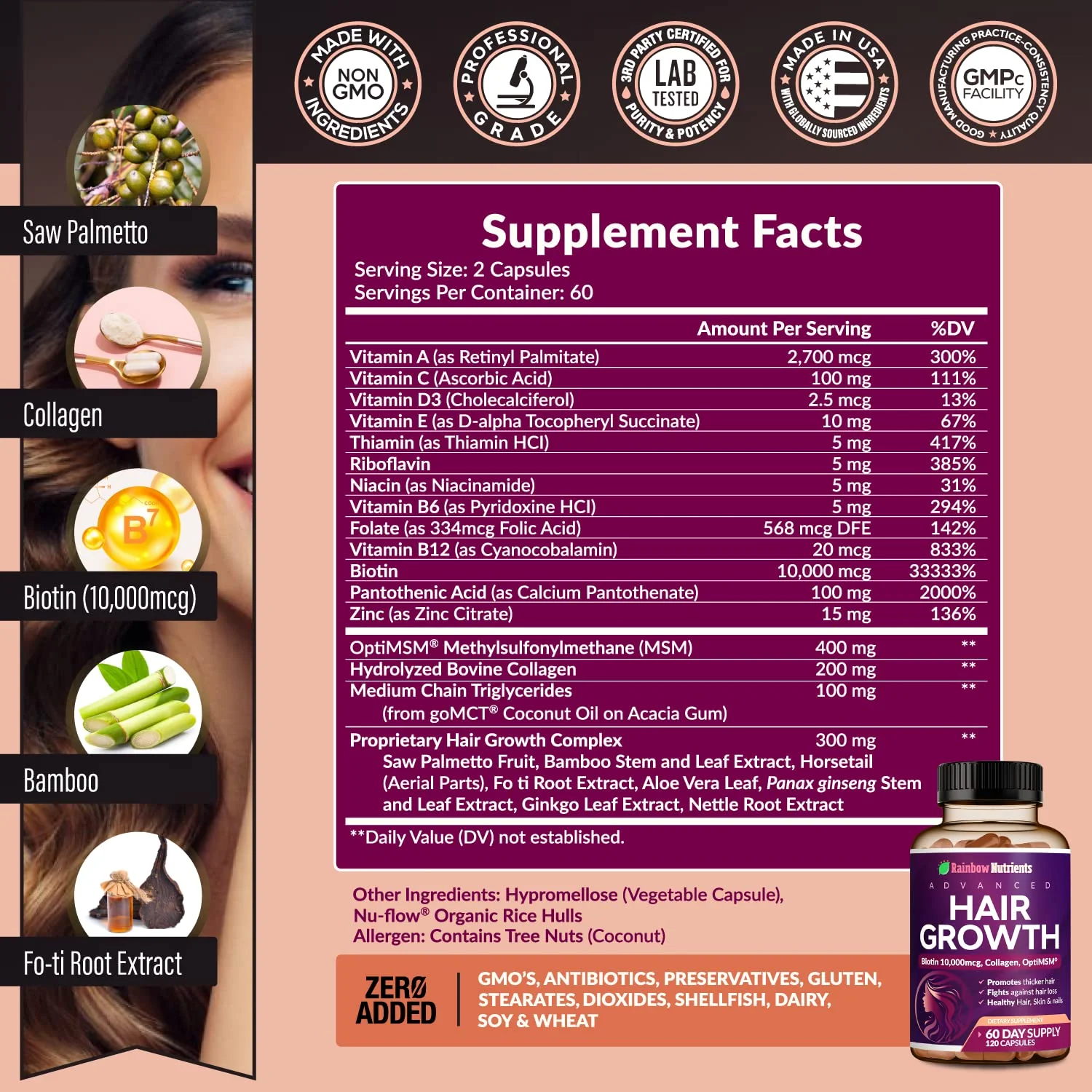 Hair Growth Vitamins for Women | Biotin 10,000mcg, Collagen, Patented OptiMSM®, goMCT®, Saw Palmetto | Naturally Regrow Stronger & Healthier Hair, Skin and Nails | Stops Hair Loss | 60 Day Supply - Image 9
