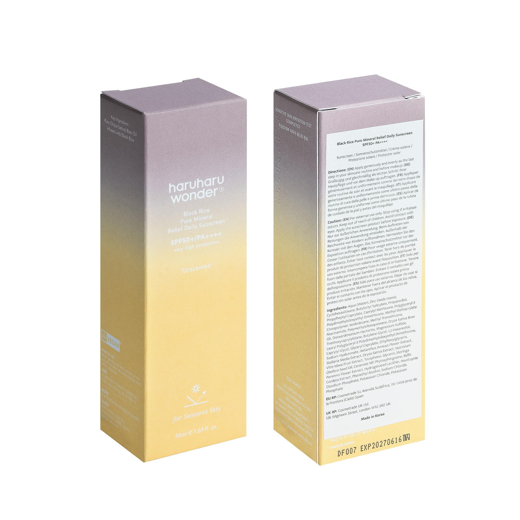 Haruharu Wonder Black Rice Pure Mineral Relief Daily Sunscreen, SPF50+/PA++++, Broad Spectrum UVA/UVB, Octinoxate & Oxybenzone Free, Hyaluronic Acid, Niacinamide (50ml / 1.69fl.oz) - Image 2