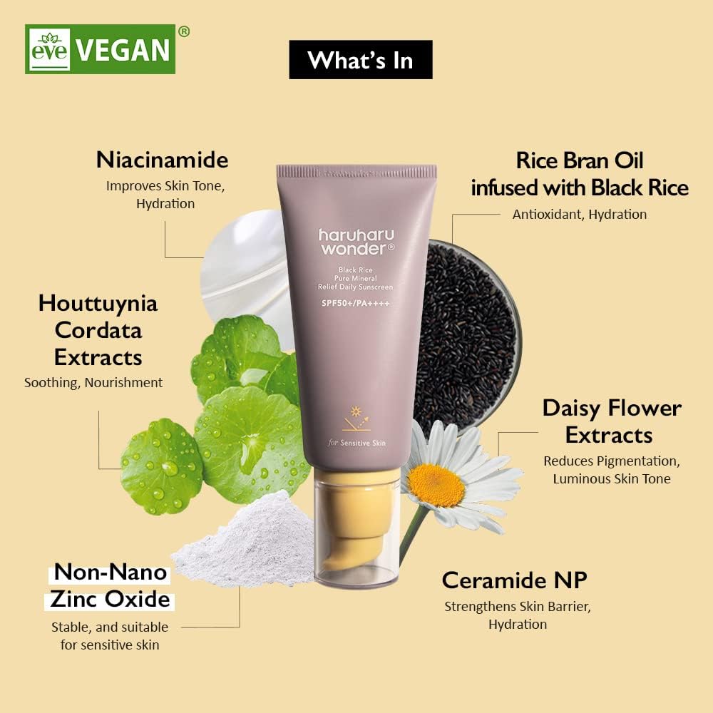 Haruharu Wonder Black Rice Pure Mineral Relief Daily Sunscreen, SPF50+/PA++++, Broad Spectrum UVA/UVB, Octinoxate & Oxybenzone Free, Hyaluronic Acid, Niacinamide (50ml / 1.69fl.oz) - Image 7