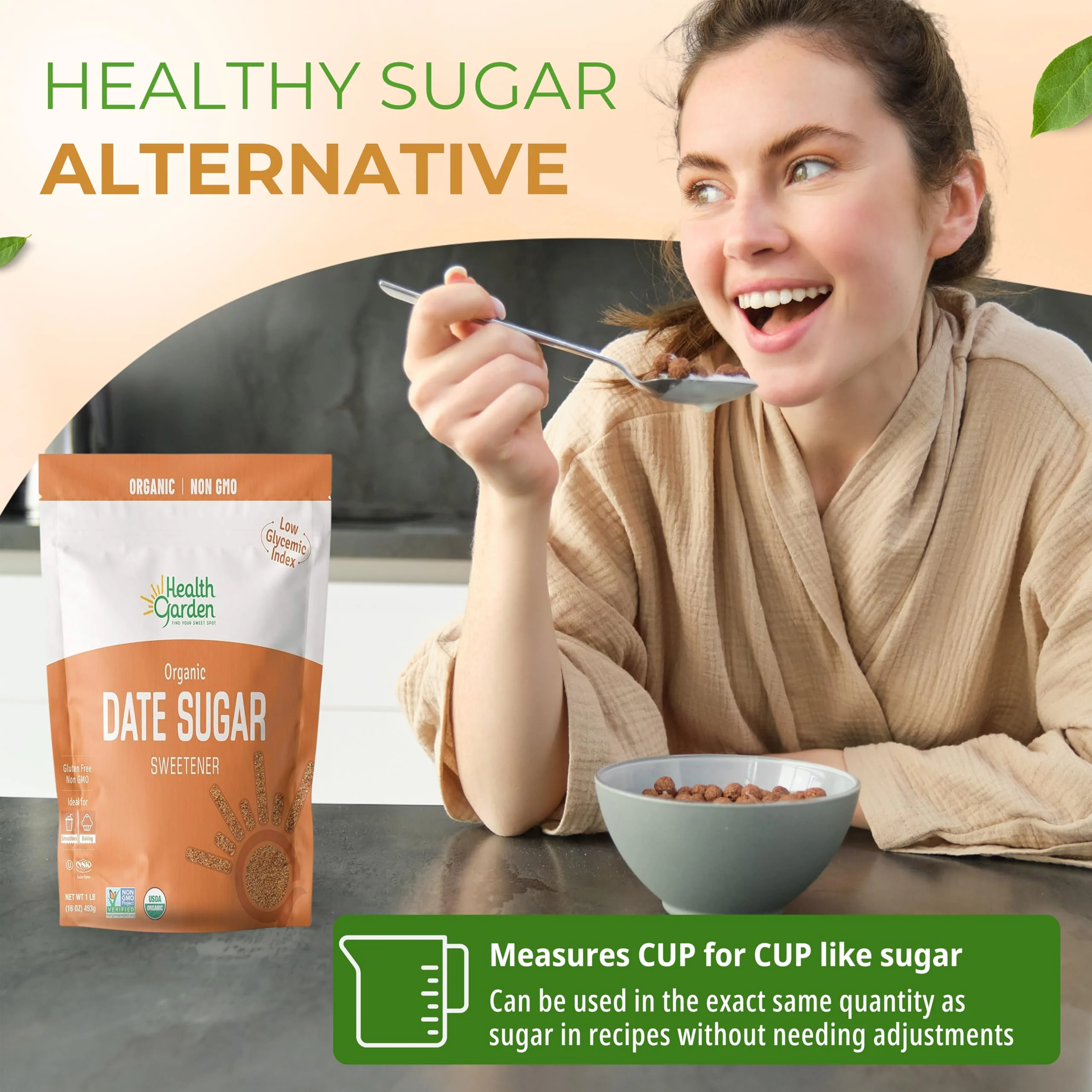 Health Garden Date Sugar (16 OZ), Organic Date Sugar Sweetener, All-Natural Dried Ground Dates, Rich in Vitamins and Minerals, No Gluten, Non-GMO, Low Glycemic Sugar Substitute (1 LB pack of 1) - Image 7