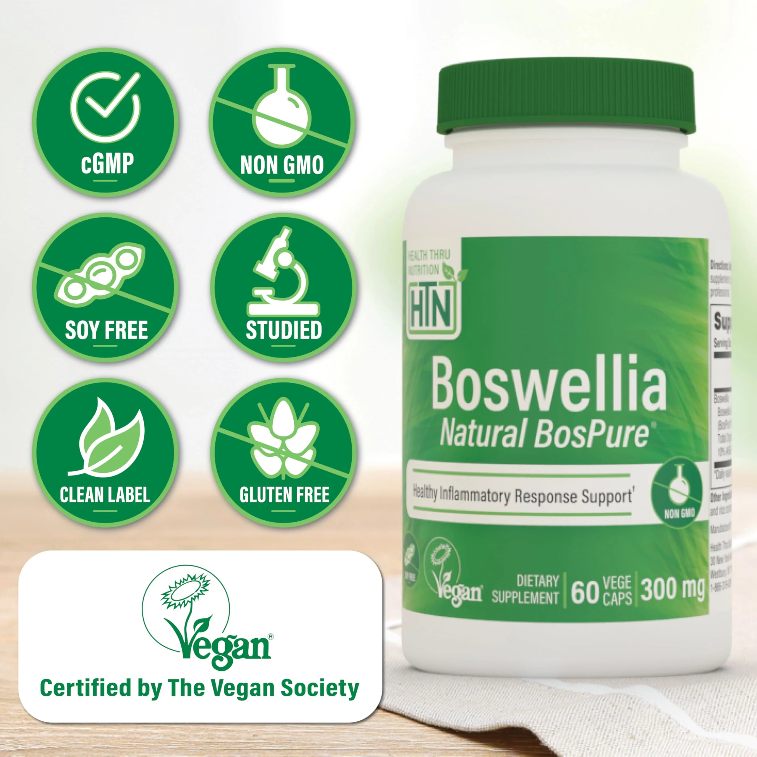 Health Thru Nutrition Boswellia 300mg 60 Capsules as Bospure AKBAMAX | High Potency 75% Boswellic Acids 10% AKBA | Healthy Mobility Support | Vegan Certified | Non-GMO, Gluten Free, Soy Free - Image 3