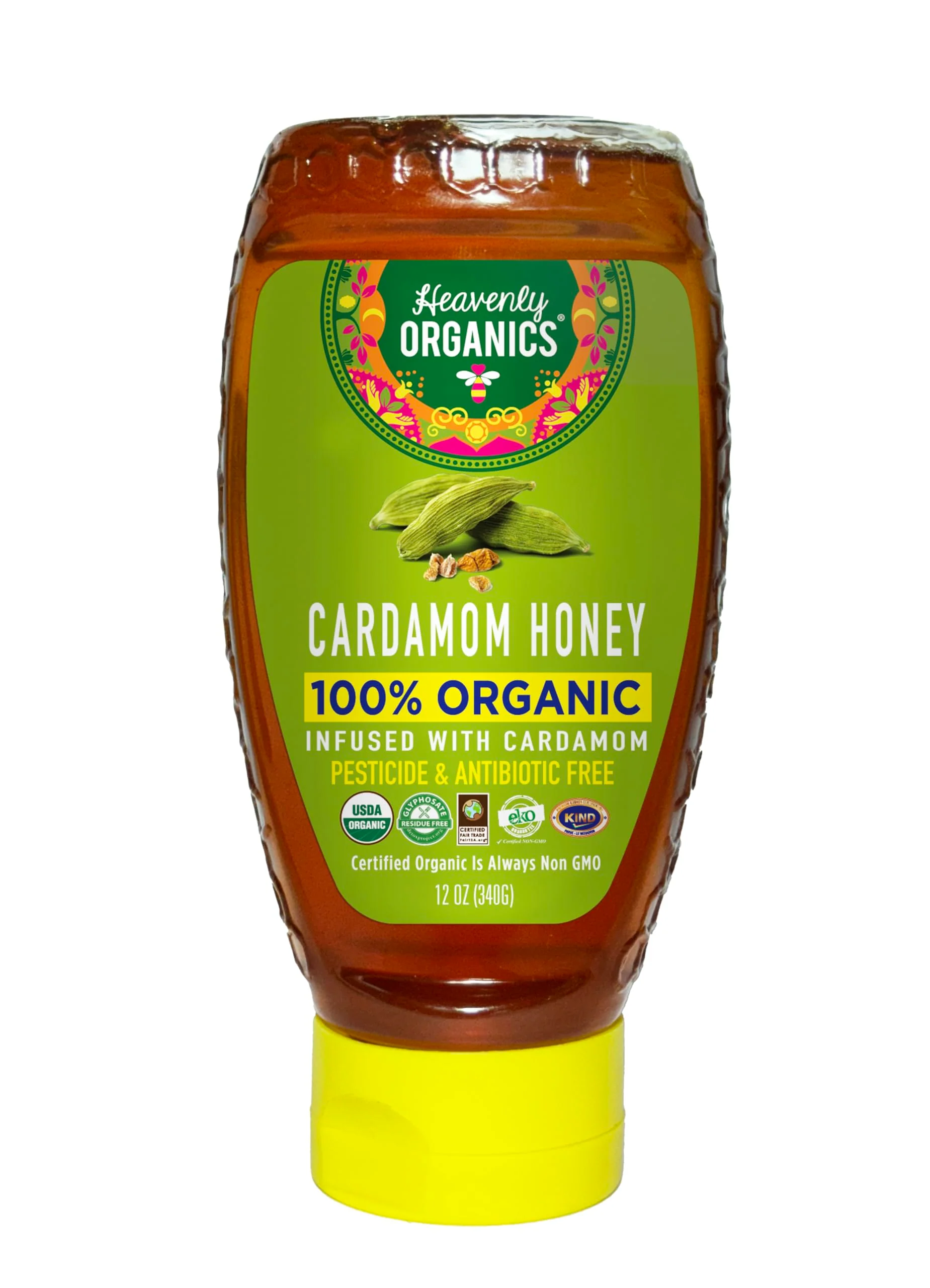Heavenly Organics 100% Organic Cardamom Honey 1Pack-12Oz Squeeze , Infused with Cardamom, Lightly Filtered to Preserve Vitamins, Minerals and Enzymes; Made from Wild Beehives & Free Range Bees; Dairy, Nut, Gluten Free, Fair traded , Kosher, Chemical , Ant