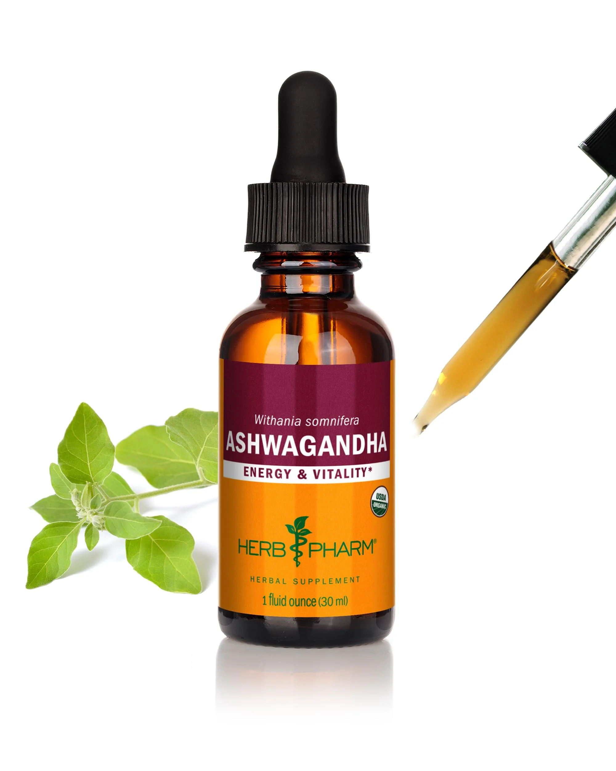 Herb Pharm Certified Organic Ashwagandha Extract for Energy and Vitality, Grain, Organic Cane Alcohol, 1 Ounce