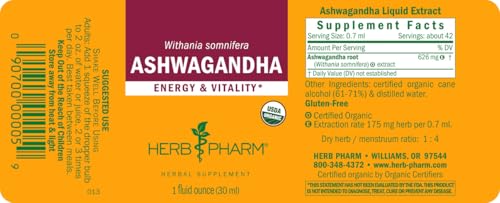 Herb Pharm Certified Organic Ashwagandha Extract for Energy and Vitality, Grain, Organic Cane Alcohol, 1 Ounce - Image 2