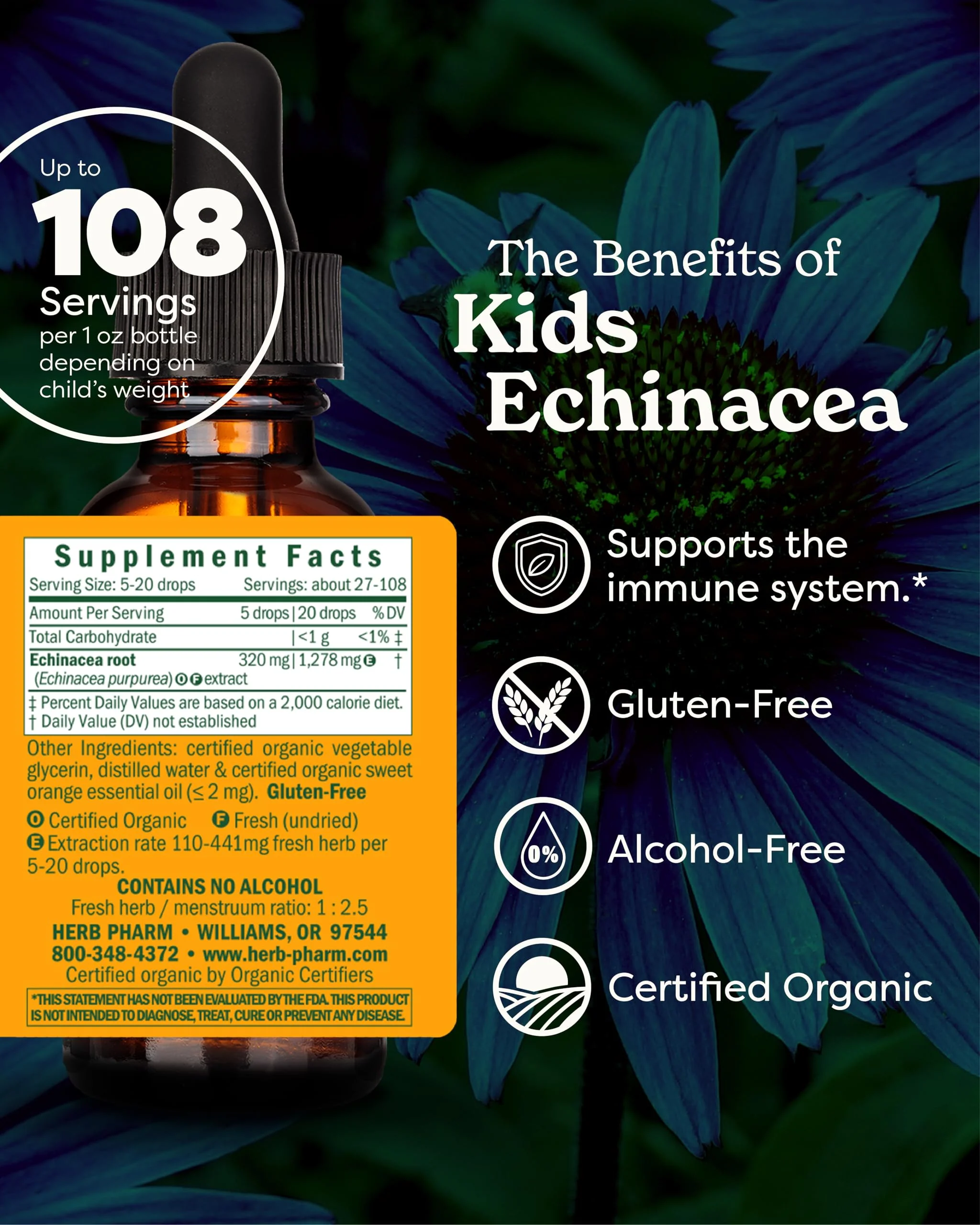 Herb Pharm Kids Echinacea Extract Alcohol-Free Certified Organic Liquid Herbal Supplement for Kids, Immune Support Drops for Toddlers & Children, Non-GMO, Vegan, Echinacea Purpurea Root, 1 fl oz - Image 2