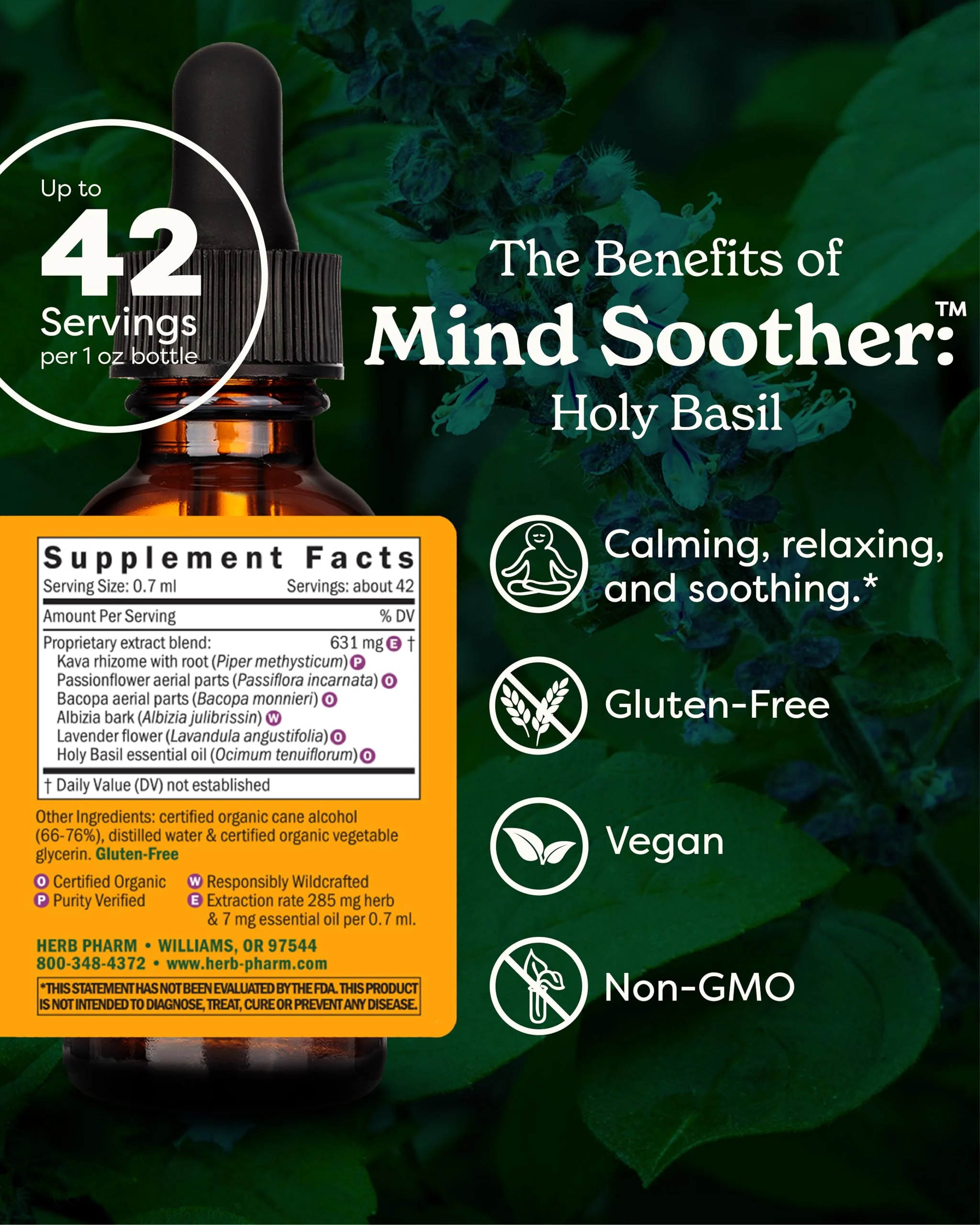 Herb Pharm Mind Soother: Holy Basil: Liquid Kava Supplement to Support Calm & Relaxation, Stabilizing Support for Nervous System, Made with Noble Kava & Lavender Flower, Vegan, Gluten-Free, 1 oz* - Image 2