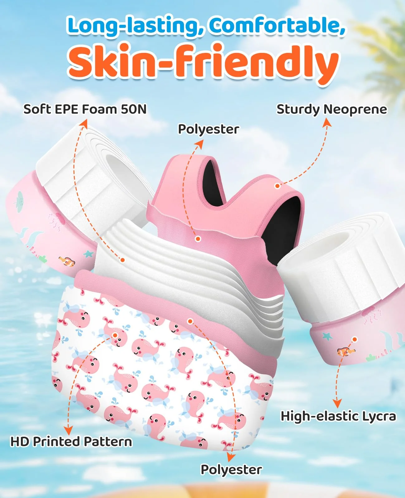 HeySplash Swim Vest for Kids, Toddler Pool Floaties Fit 33-66 Lbs,Swimming Vest with Adjustable Strap, Swim Jacket Water Wing Arm Float, Puddle Beach Boat Jumper Float Device Girl,Pink Whale - Image 6