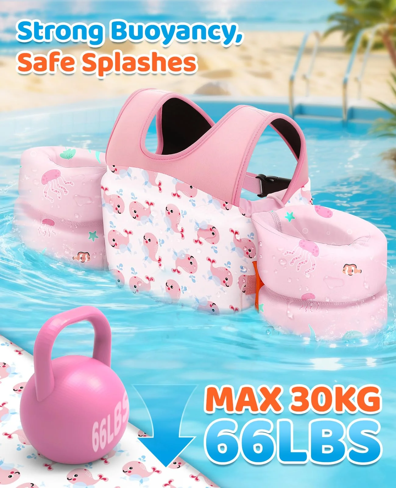 HeySplash Swim Vest for Kids, Toddler Pool Floaties Fit 33-66 Lbs,Swimming Vest with Adjustable Strap, Swim Jacket Water Wing Arm Float, Puddle Beach Boat Jumper Float Device Girl,Pink Whale - Image 8