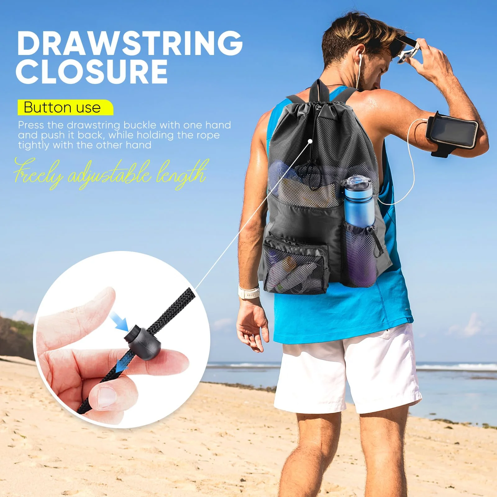 HOHOM Mesh Swim Bag Beach Drawstring Backpack, Waterproof Gym Bags for Women and Men, Large Pool Bag Swimming Gear for Swimmers - Image 3