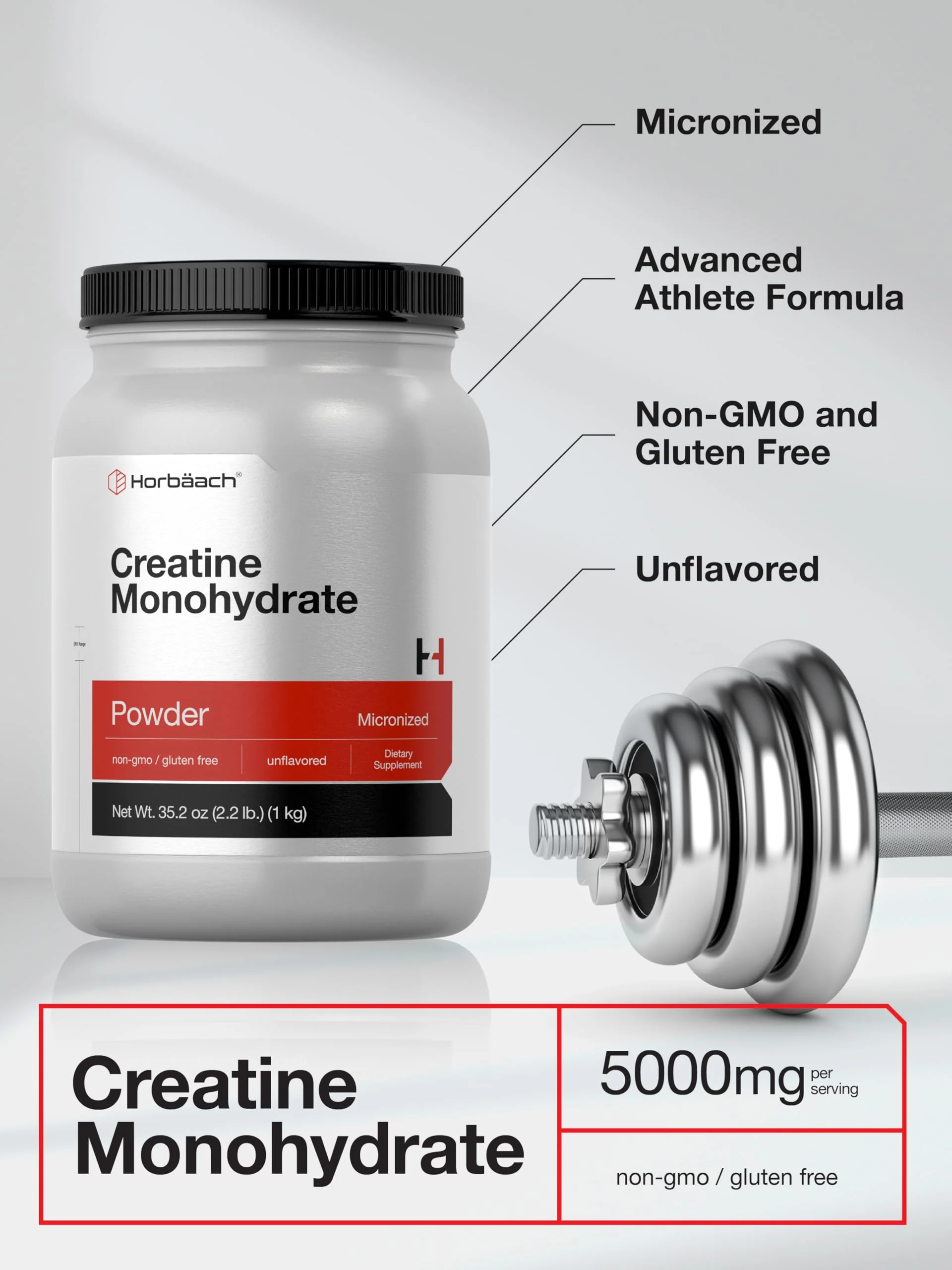 Horbäach Creatine Monohydrate Powder | 2.2lbs (35.2 oz) | Micronized and Unflavored | Vegetarian, Non-GMO, and Gluten Free Supplement - Image 5
