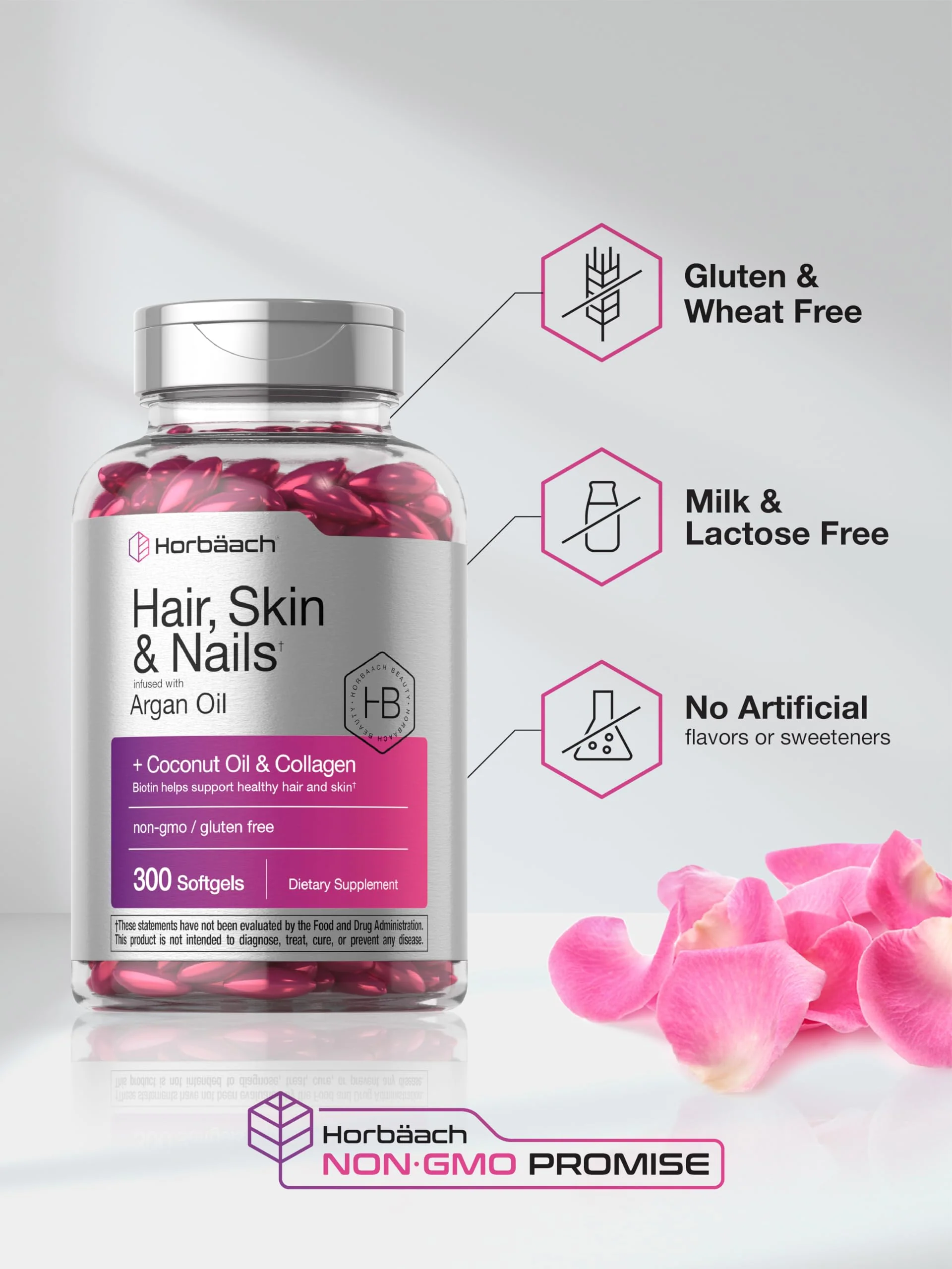 Horbäach Hair Skin and Nails Vitamins | 300 Softgels | with Biotin and Collagen | Infused with Argan Oil and Coconut Oil | Non-GMO, Gluten Free Supplement - Image 3