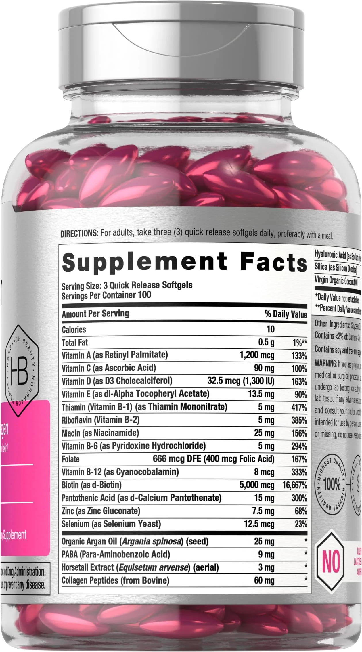 Horbäach Hair Skin and Nails Vitamins | 300 Softgels | with Biotin and Collagen | Infused with Argan Oil and Coconut Oil | Non-GMO, Gluten Free Supplement - Image 6