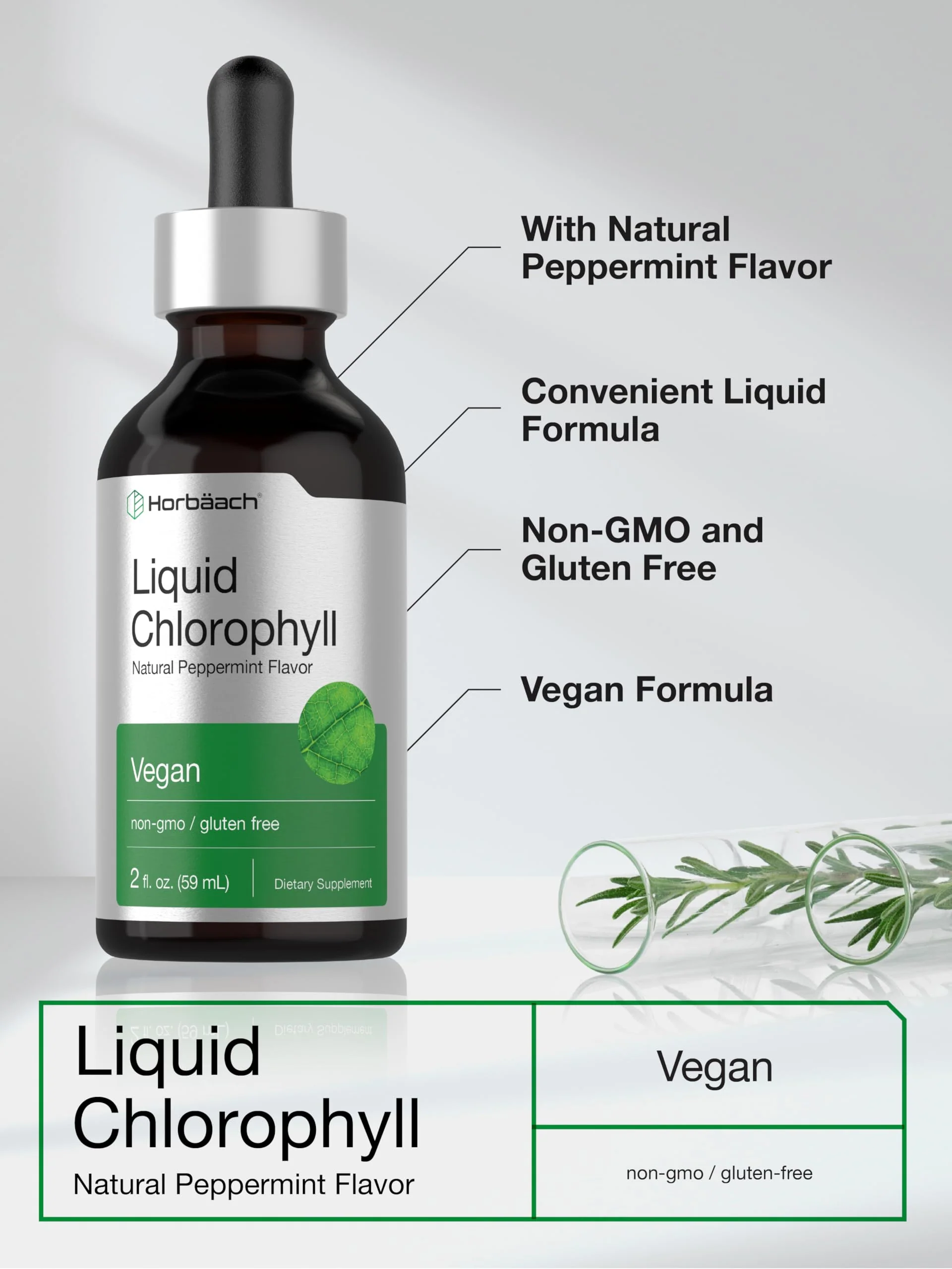 Horbäach Liquid Chlorophyll Drops | 2 oz | Vegan, Non-GMO, and Gluten Free Formula | Natural Peppermint Flavor - Image 5
