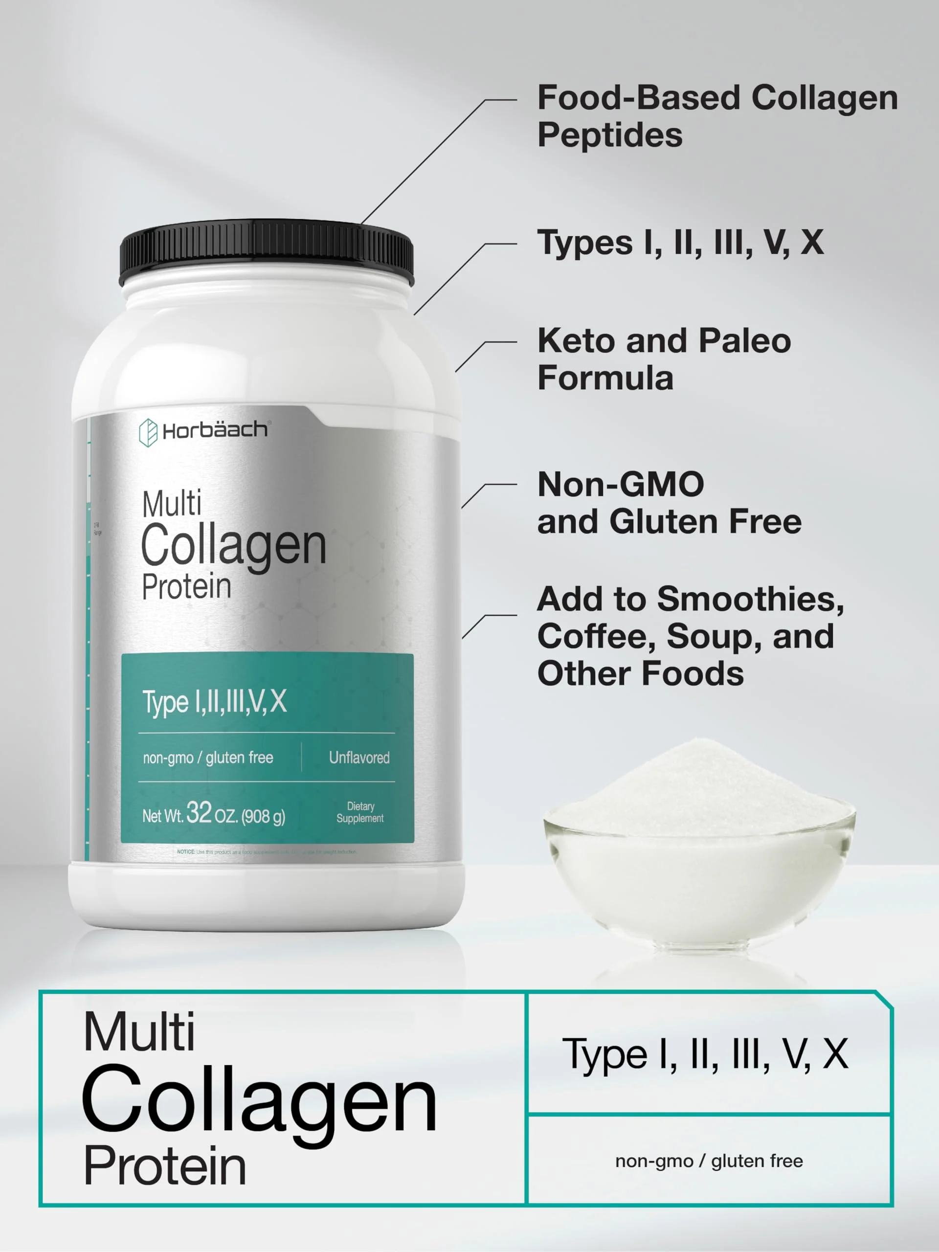 Horbaach Multi Collagen Protein Powder 32 oz | Type I, II, III, V, X | Hydrolyzed Collagen Peptides | Keto & Paleo Friendly | Unflavored & Gluten Free - Image 6