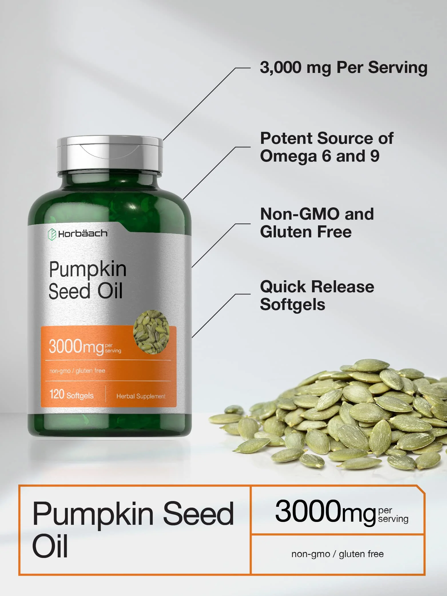 Horbäach Pumpkin Seed Oil | 3000mg | 120 Softgel Capsules | Cold Pressed Dietary Supplement | Non-GMO and Gluten Free Formula - Image 6