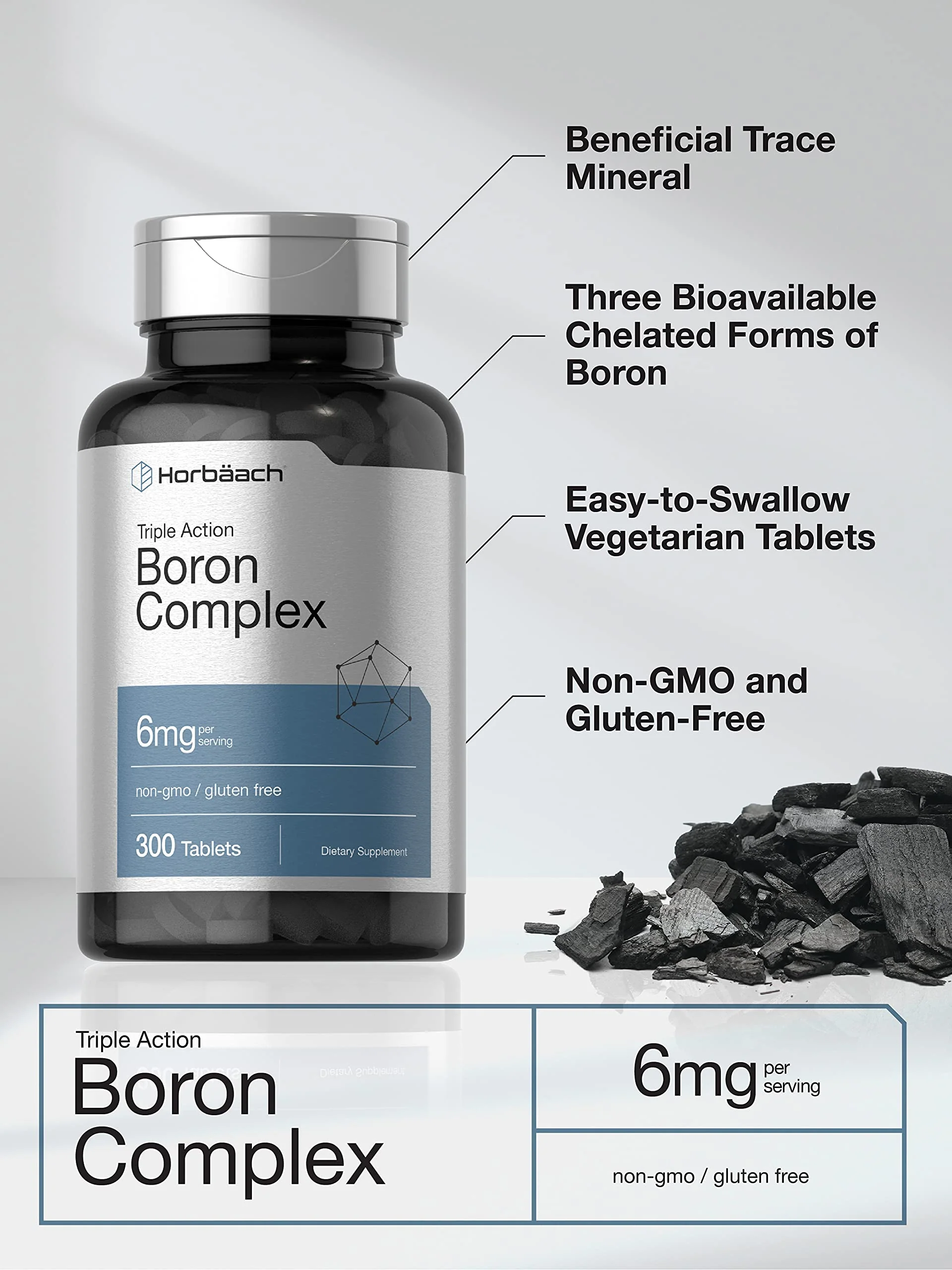Horbäach Triple Boron Complex 6 mg Supplement | 300 Tablets | for Men and Women | Vegetarian, Non-GMO & Gluten Free | Triple Action Boron Citrate, Boron Glycinate, Boron Asparate - Image 6