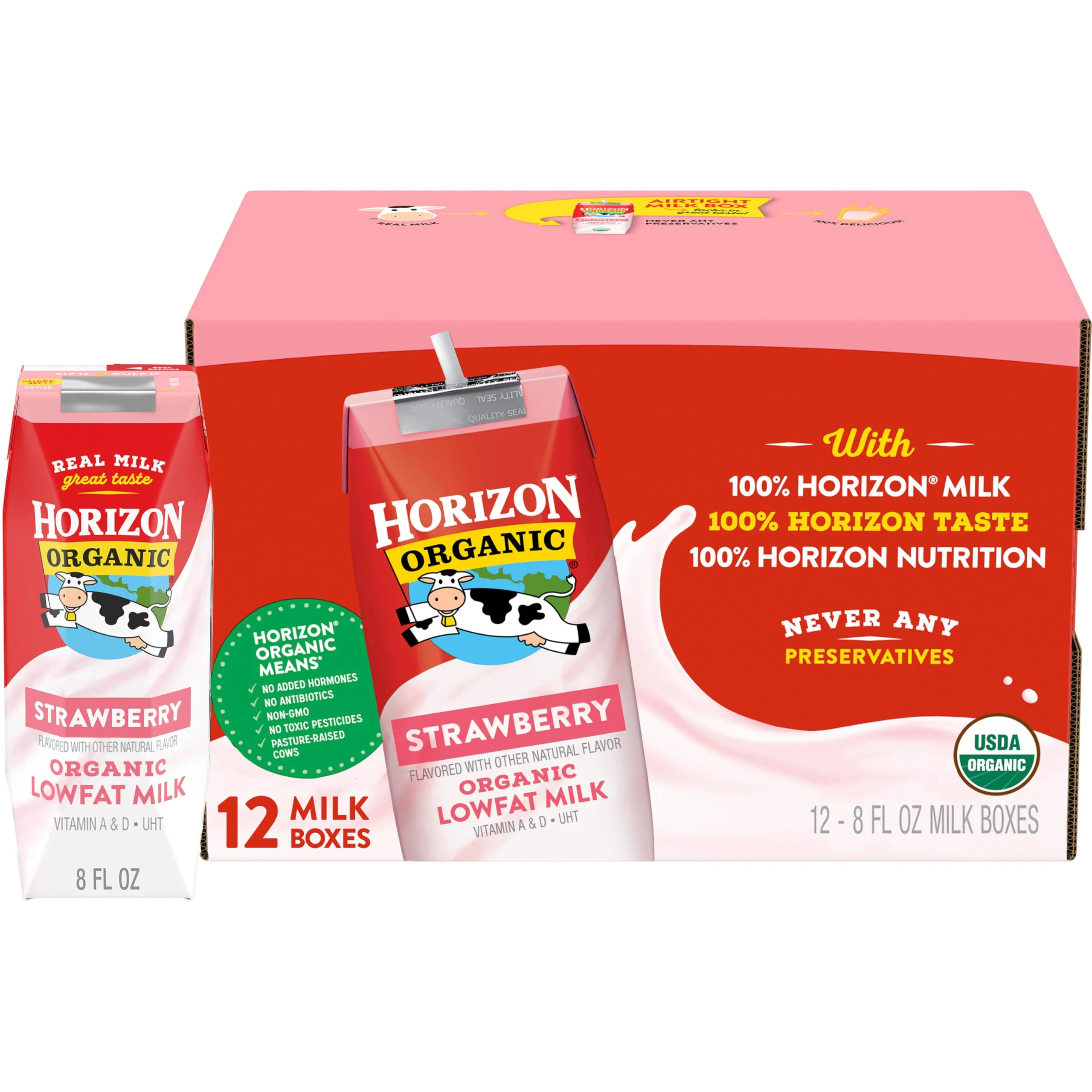 Horizon Organic Shelf Stable 1% Lowfat Strawberry Milk Boxes, 8 fl oz, 12 Count - 8g Protein per Serving, USDA Organic UHT from Pasture-Raised Cows, Ready to Drink for Lunchbox, Travel, or On-the-Go, No Refrigeration Needed