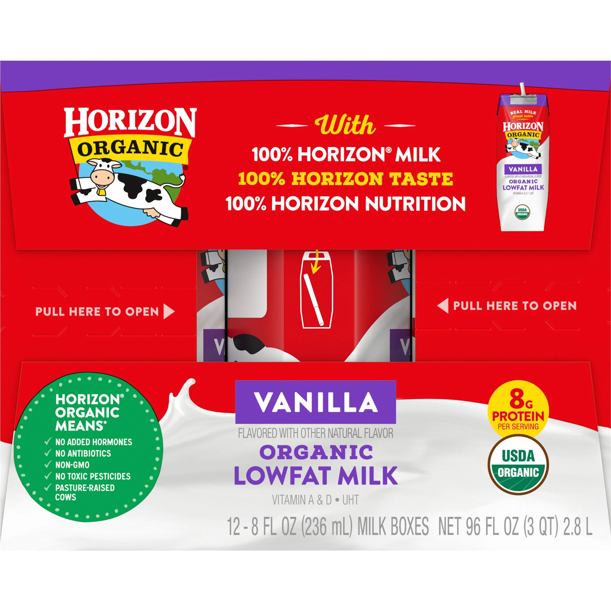Horizon Organic Shelf Stable 1% Lowfat Vanilla Milk Boxes, 8 fl oz, 12 Count - 8g Protein per Serving, USDA Organic UHT from Pasture-Raised Cows, Ready to Drink for Lunchbox, Travel, or On-the-Go, No Refrigeration Needed - Image 3
